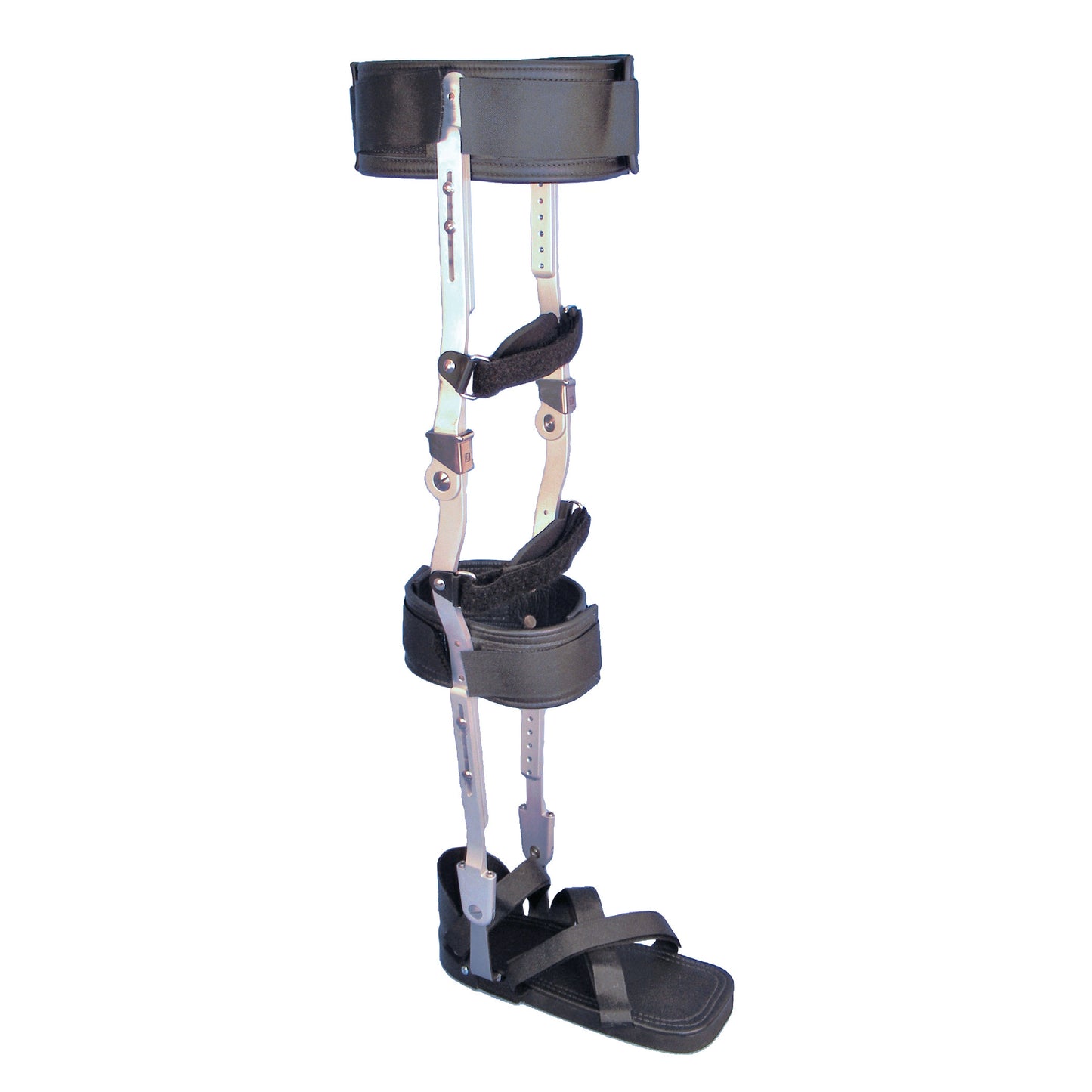Adjustable KAFO Training Brace features adjustable metal supports, straps, and cushioned areas for leg stabilization and support.