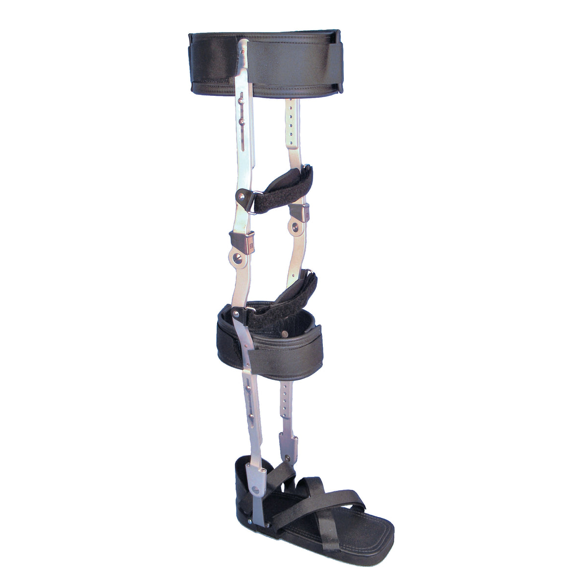 Adjustable KAFO Training Brace featuring adjustable metal supports, padded straps, and a footplate for lower limb support.