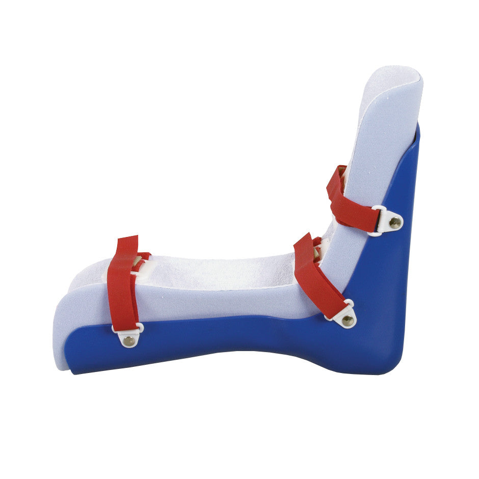 The AliMed Early Fit Night Splint is a blue and white orthotic device with red straps, designed to maintain foot and ankle alignment.