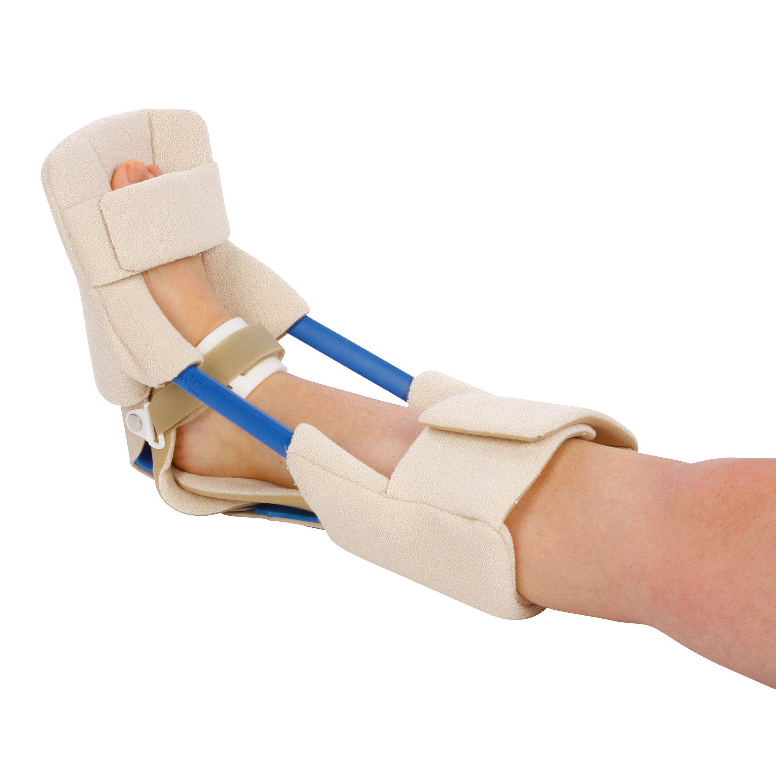 A leg wearing the AliMed Turnbuckle Ankle Orthosis with adjustable blue rods and cushioned beige straps for support.