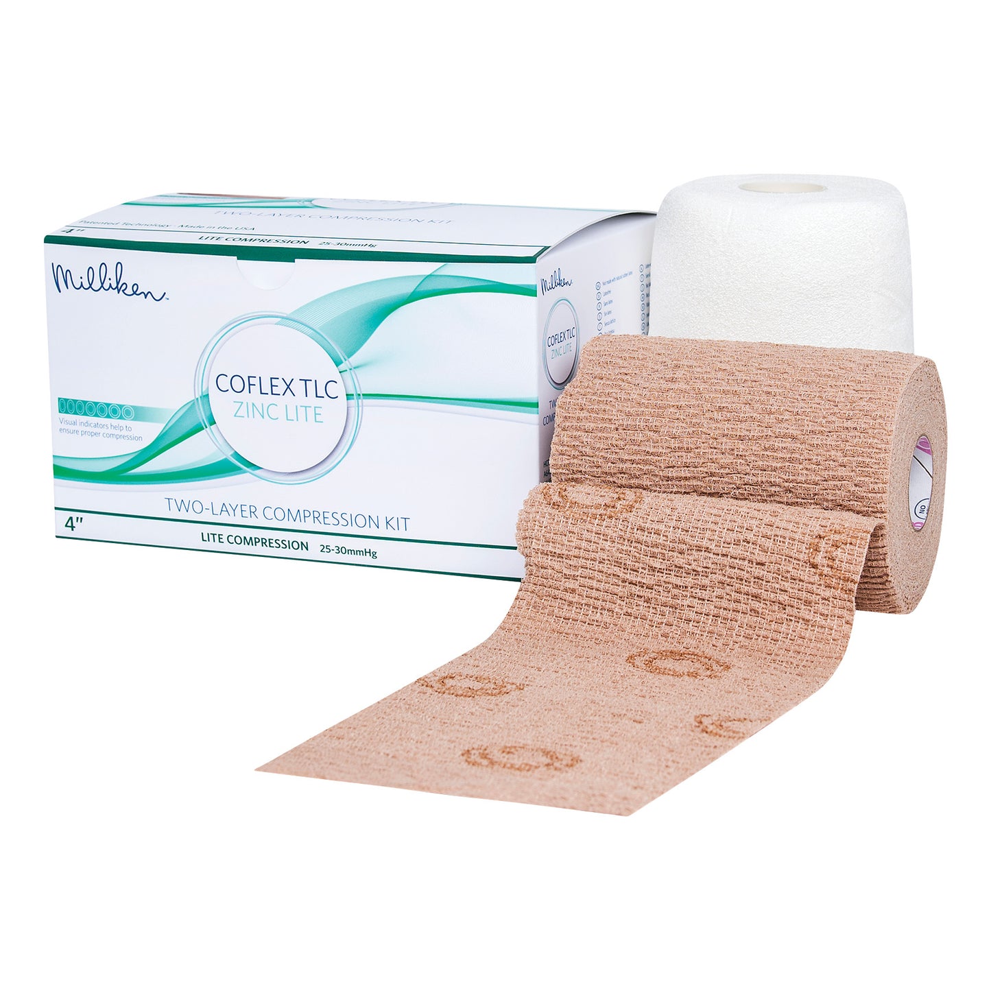 CoFlex TLC Zinc Lite Compression Kit with an open roll of beige compression bandage and a white padding bandage next to the product box.