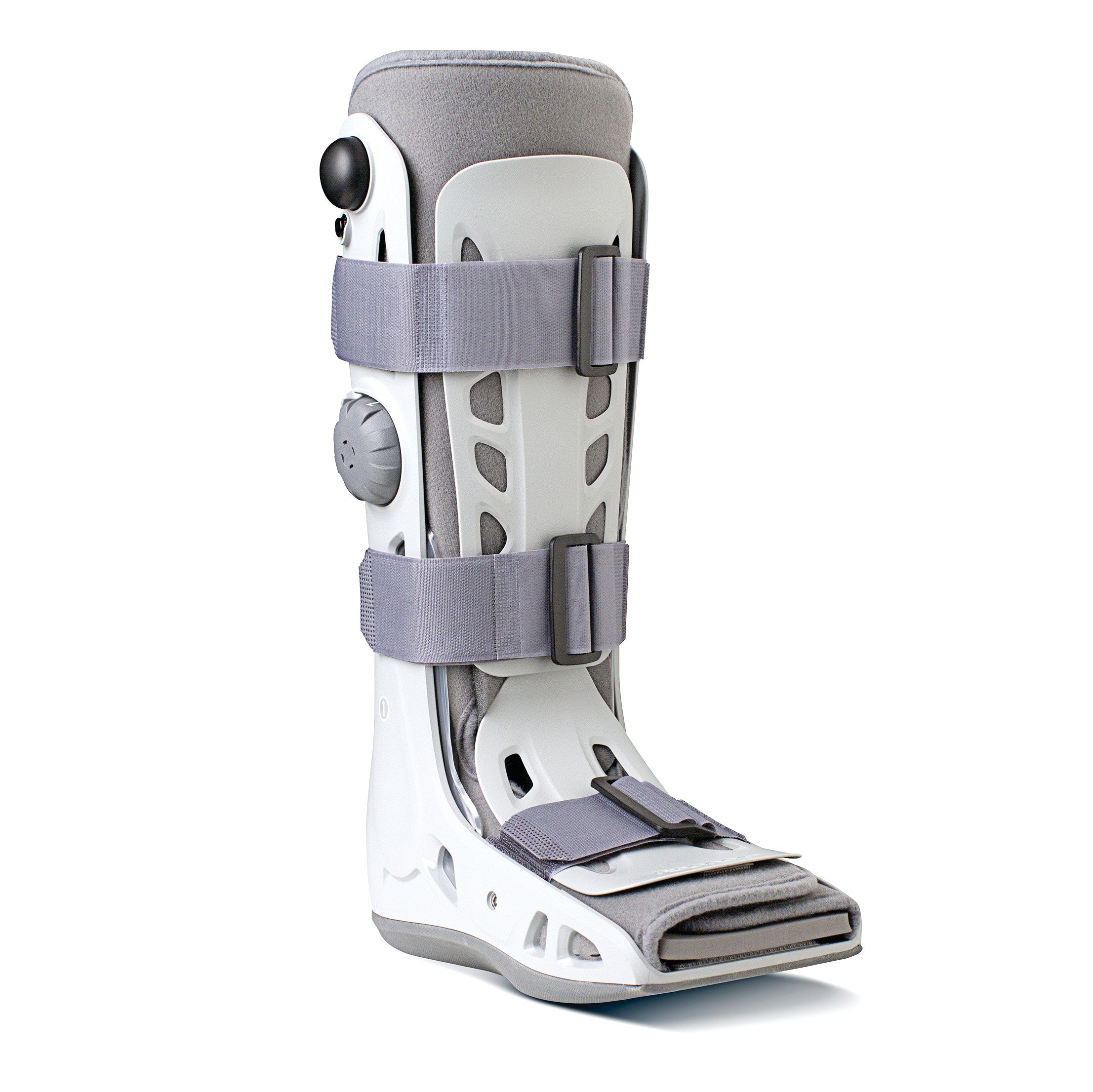 The Aircast AirSelect Standard Walker Boot features a white and gray design with adjustable straps and a cushioned interior.