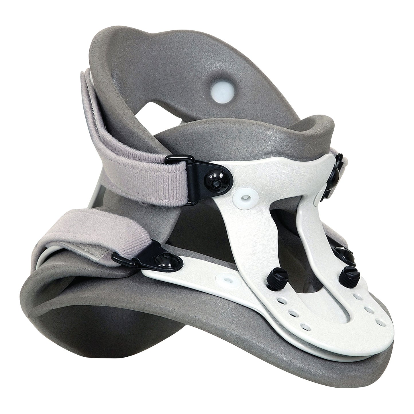 The Trulife Malibu Cervical Collar is a gray and white medical neck brace with adjustable straps and black fasteners.