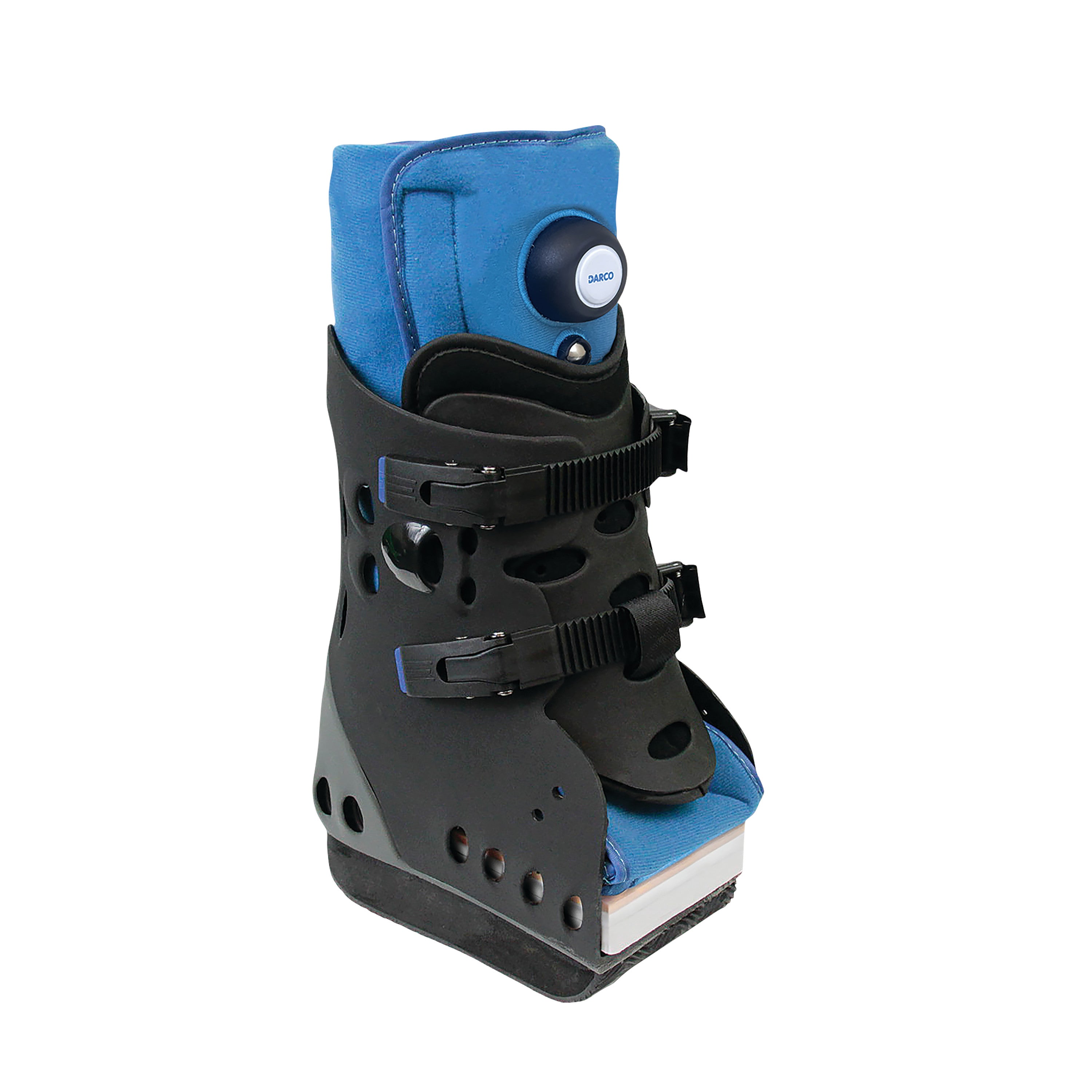 DARCO Body Armor Pro Term tall post-op shoe with black perforated exterior, blue padded interior, and adjustable straps.