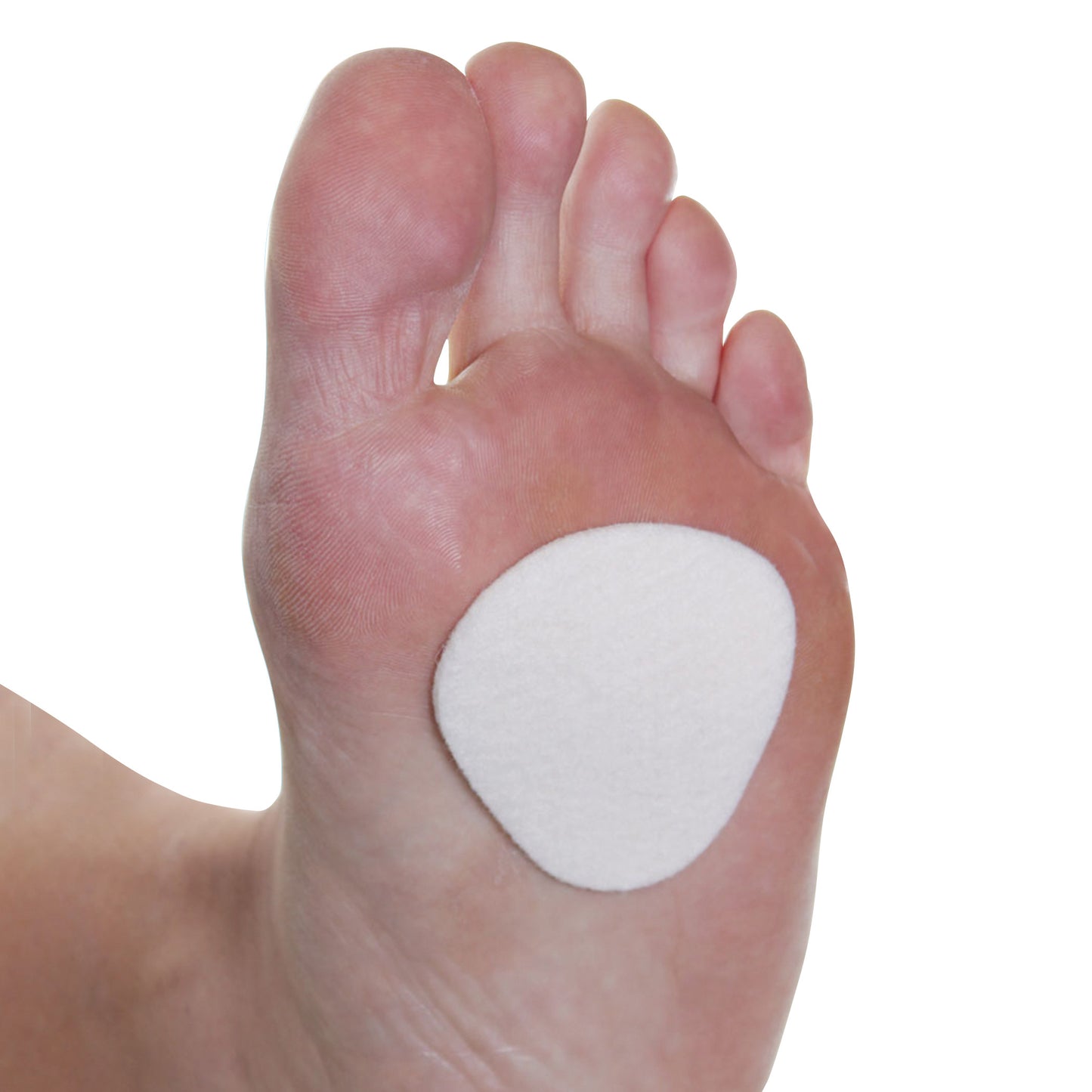 A foot with a white Felt Met Pad adhered to the ball, providing cushioning and support for the metatarsal area.