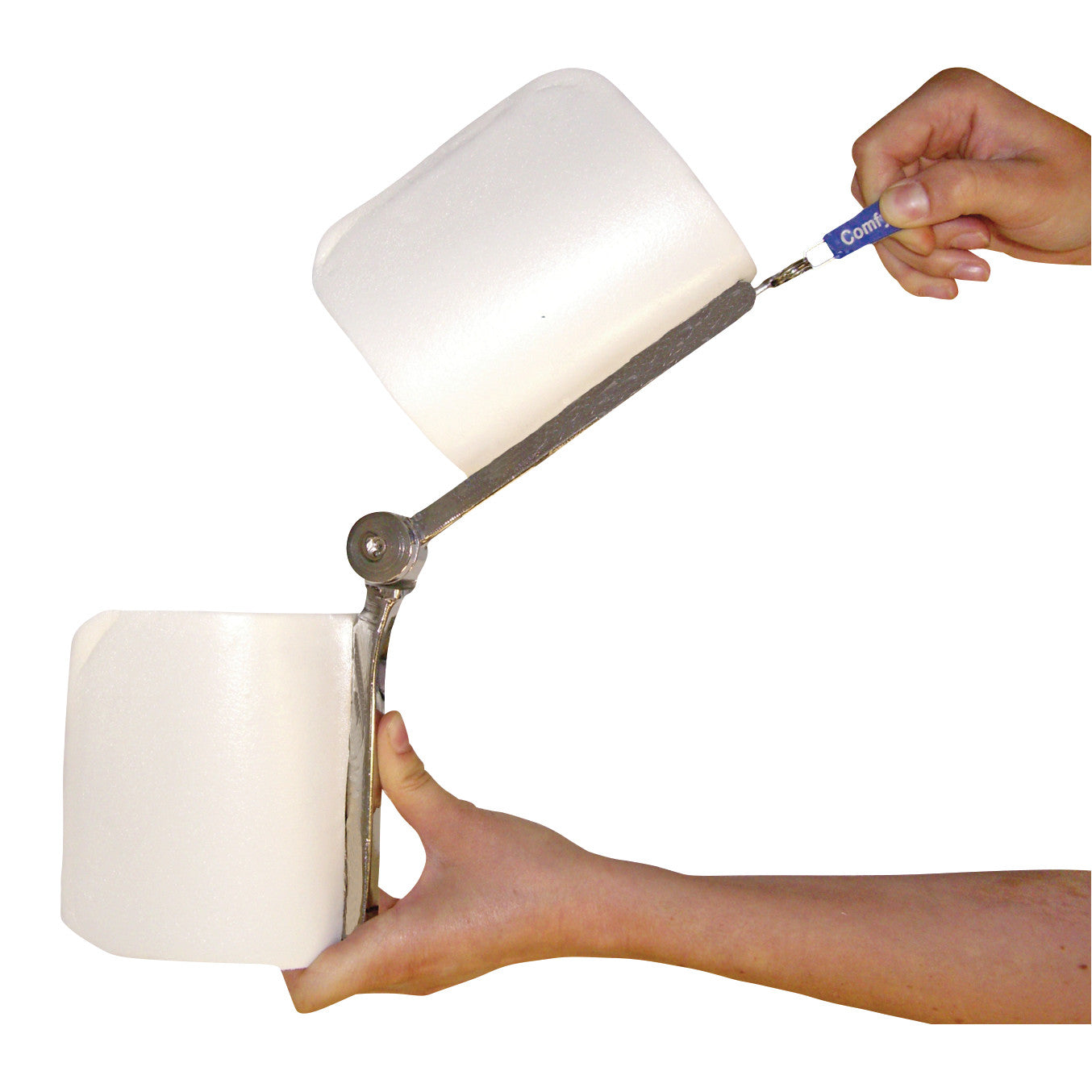 Hands adjusting the Comfy Splints Adult Locking Knee Orthosis, featuring a hinge and cushion pads for knee support.