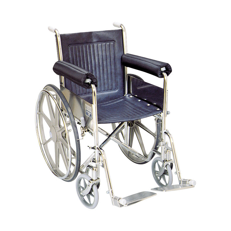 A standard wheelchair with SkiL-Care Wheelchair Armrest Cushion, featuring large rear wheels and footrests, set against a white background.