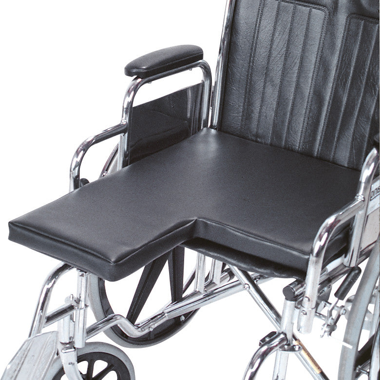 A wheelchair with an AliMed Amputee Wheelchair Surface cushion, featuring a contoured design for comfort and support.