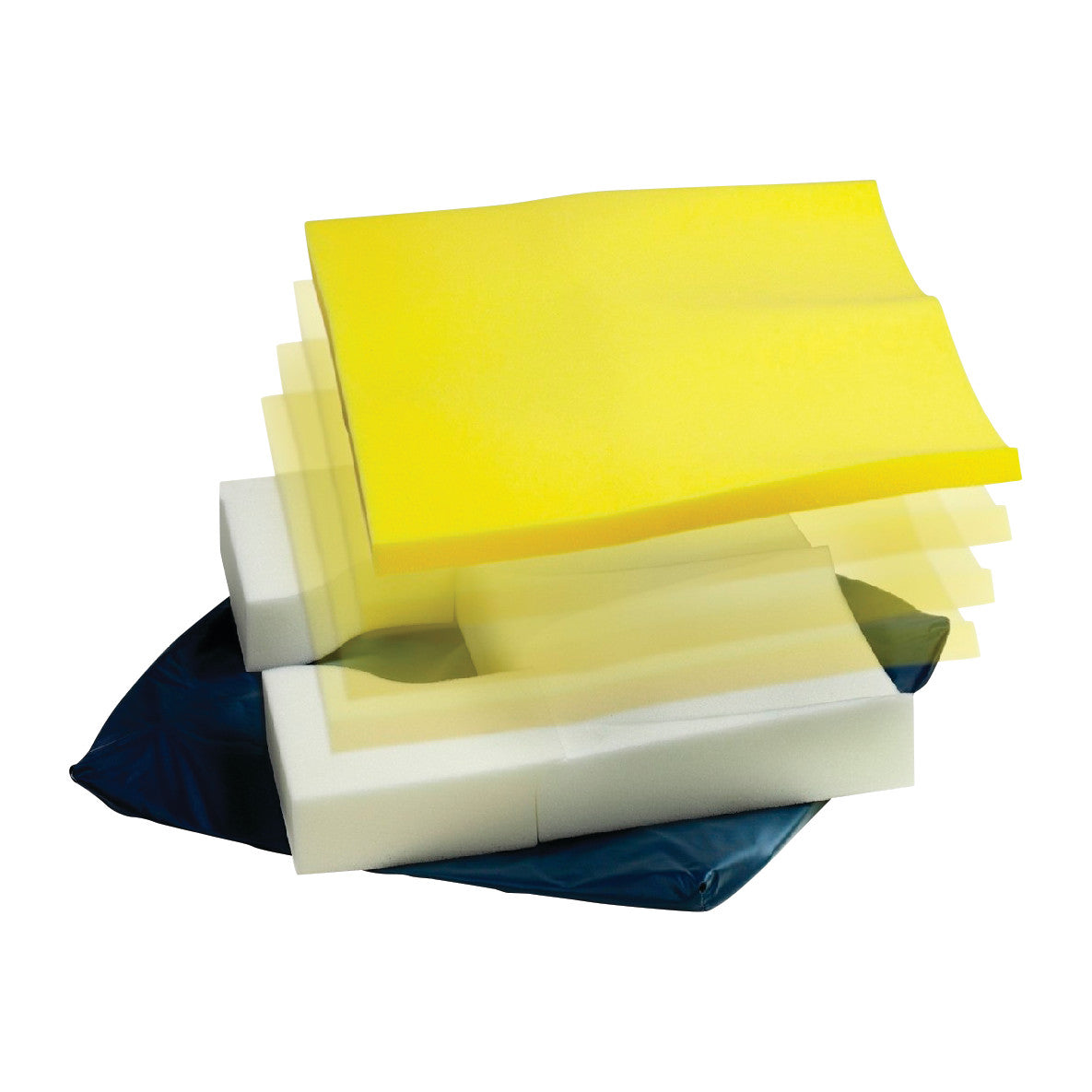 The E-Z Dish Wheelchair Cushion features layers of yellow and white foam with a dark blue cover, designed for seating comfort.