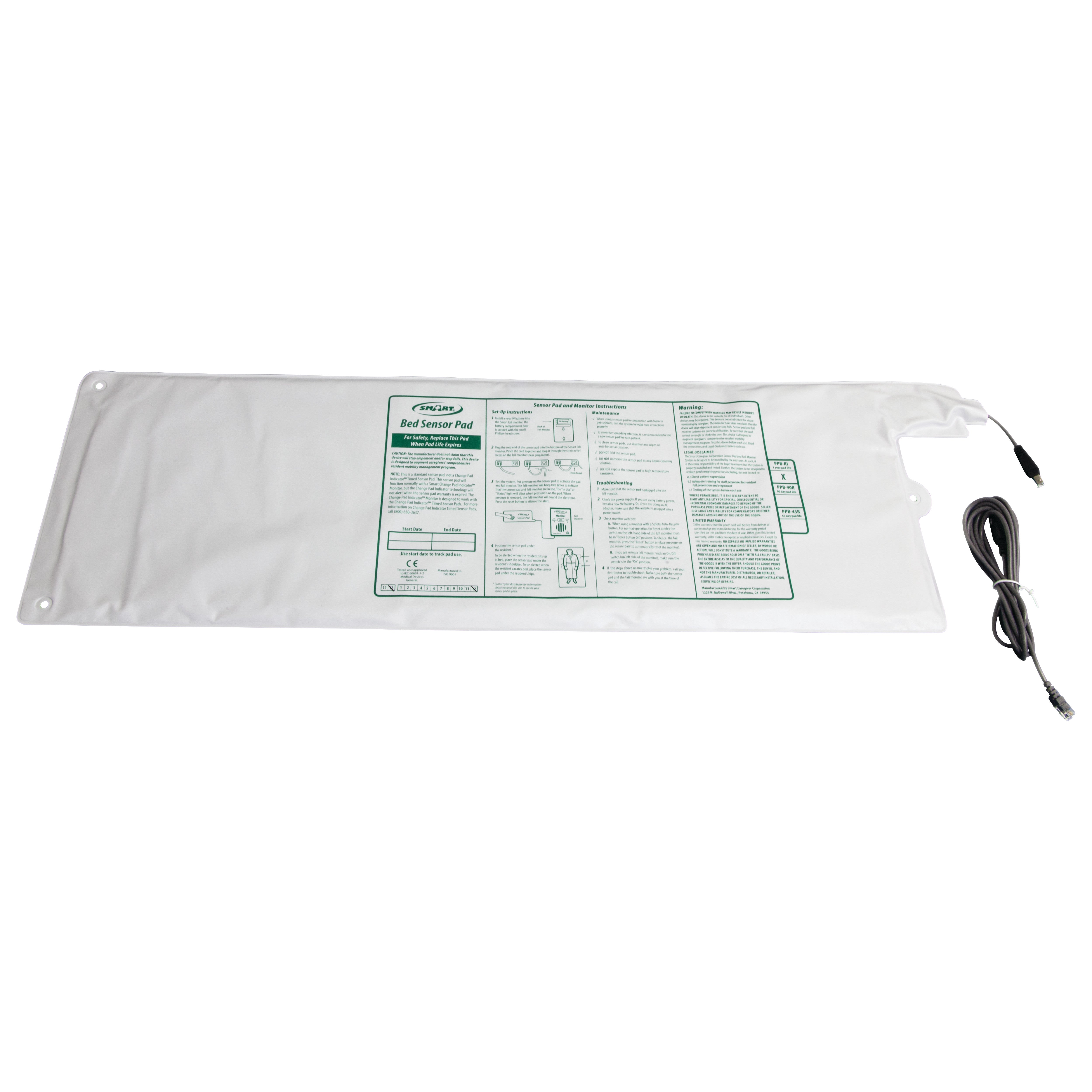 The Smart Caregiver Corded Bed Sensor Pad is a white rectangular sheet with printed instructions and a cord attached on one side.