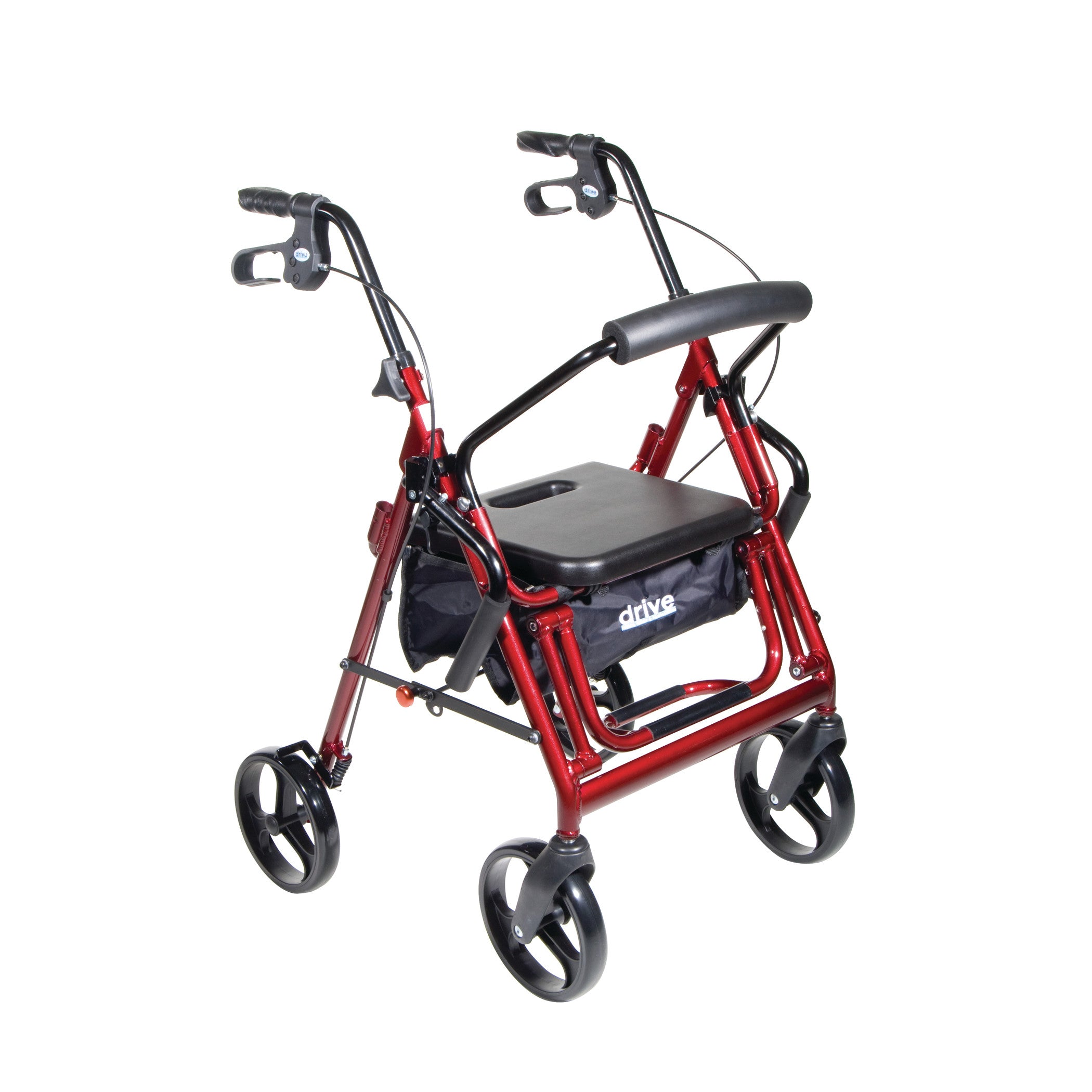 Drive Medical The Duet Transport Chair and Rollator, in red, features a padded seat, handlebars, brakes, and four wheels.