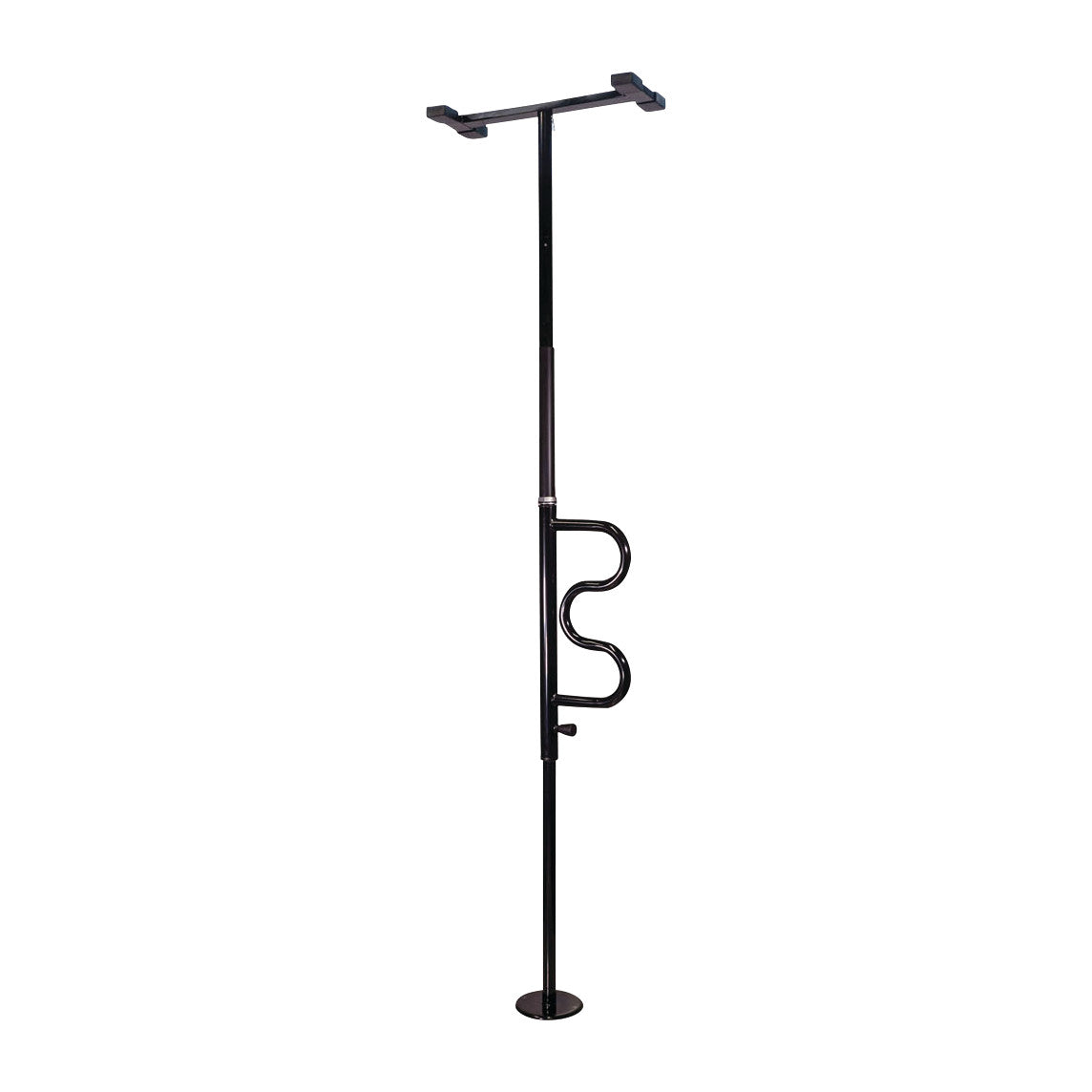 The Security Pole and Curve Grab Bar is a black floor-to-ceiling pole with a curved grab bar for support, used for stability and assistance.