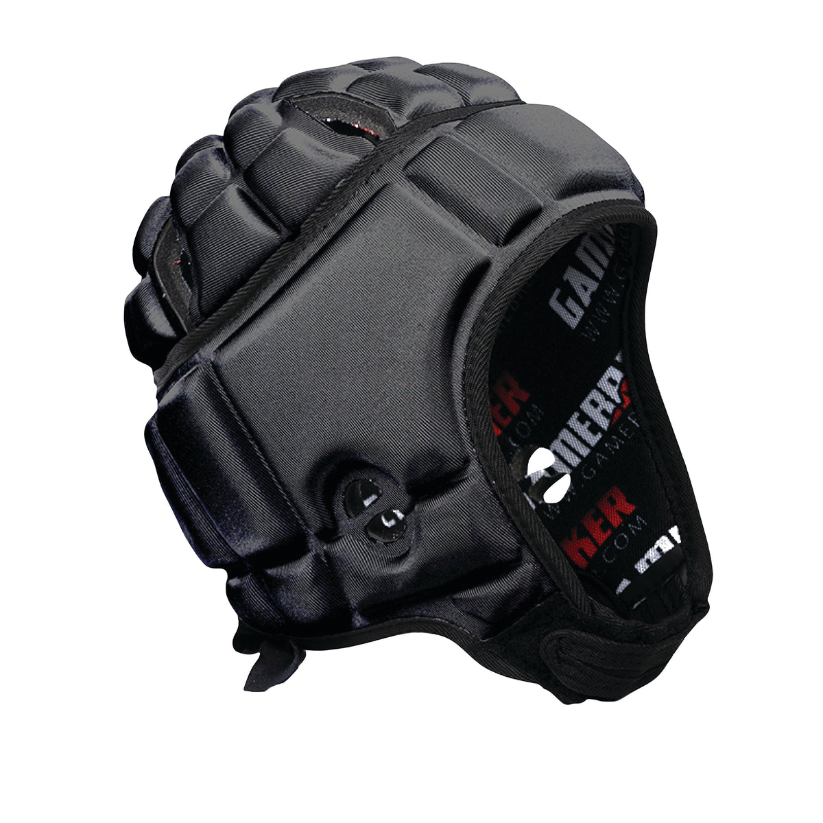 The Gamebreaker Scrum Cap Headgear is a padded black helmet with ear holes and adjustable straps, designed for sports protection.