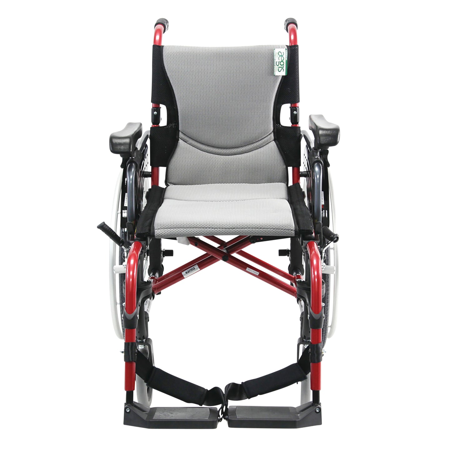 Karman Ultra Lightweight Manual Wheelchair with a red frame, gray seat, and black footrests, viewed from the front.