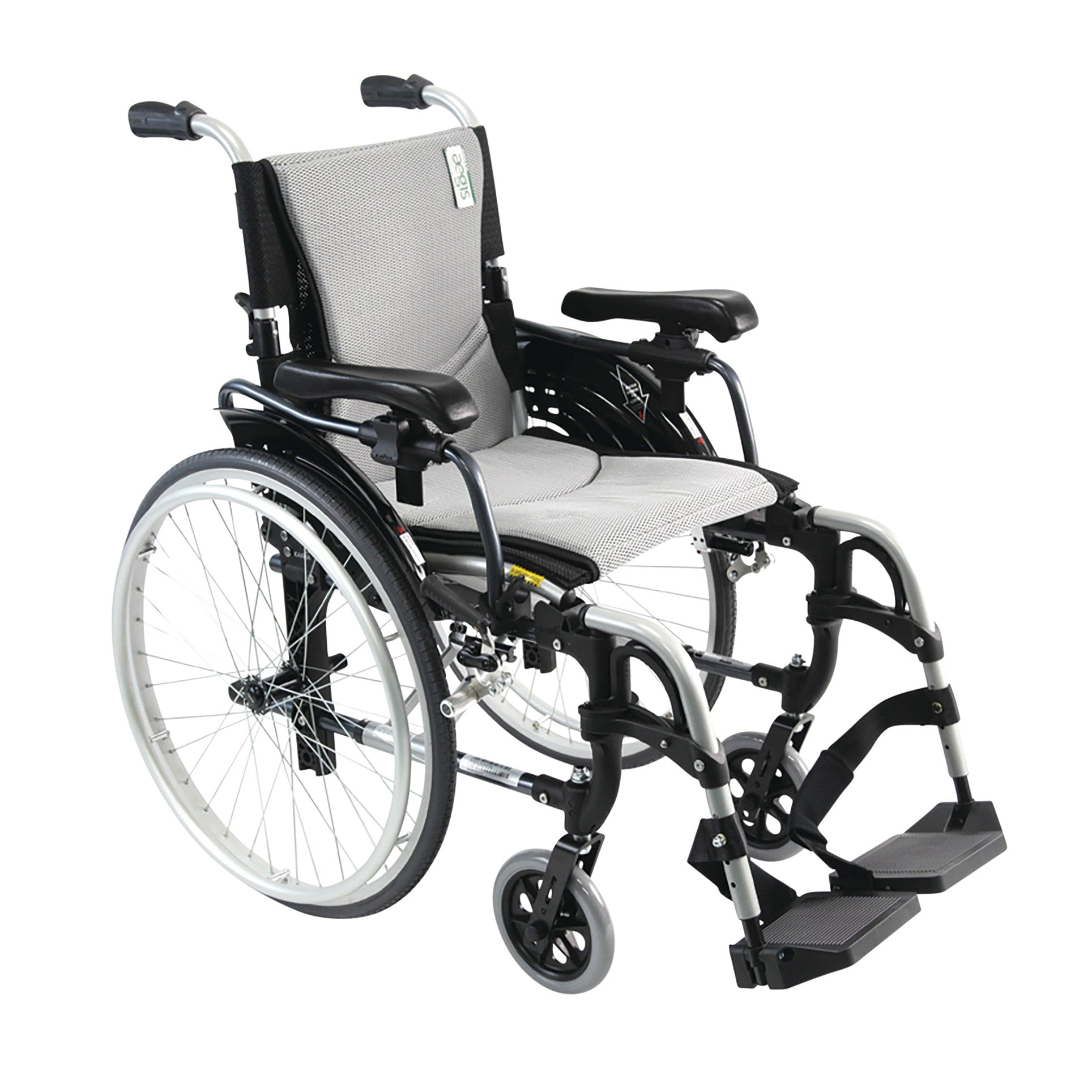 The Karman Ultra Lightweight Manual Wheelchair features a gray seat, sturdy black frame, armrests, and adjustable footrests.