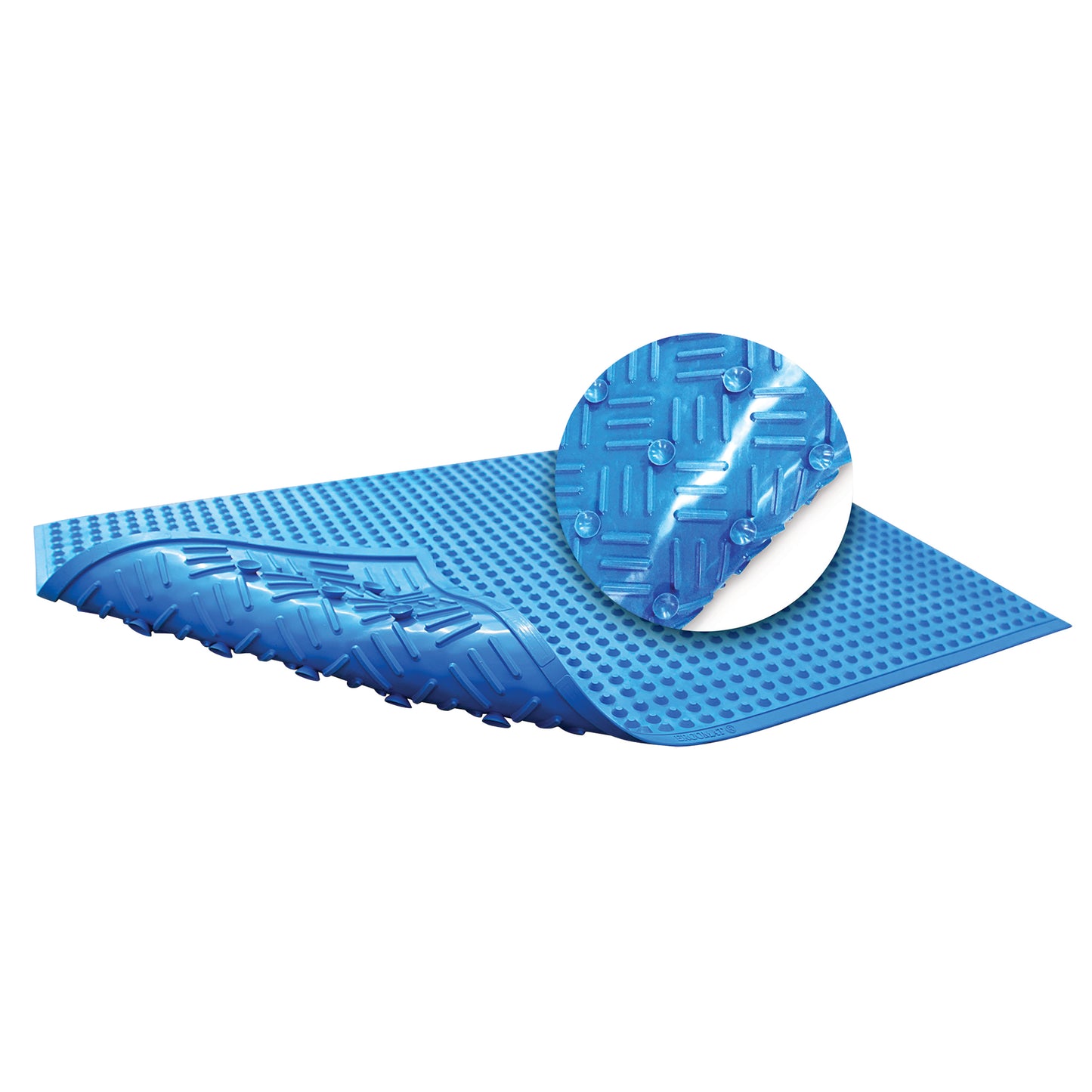 Blue ERGOMAT Super-Safe Mat with a textured pattern. The close-up shows embossed grooves and bumps for enhanced grip.
