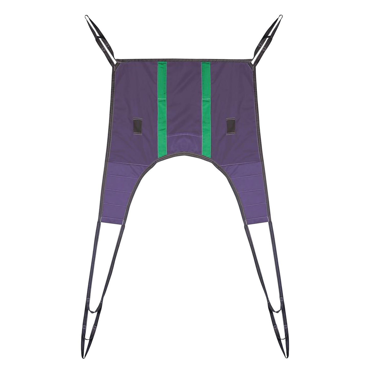 The Bestcare BestSling GLC Replacement Patient Sling is a purple and green padded sling with four straps and a cut-out leg area.