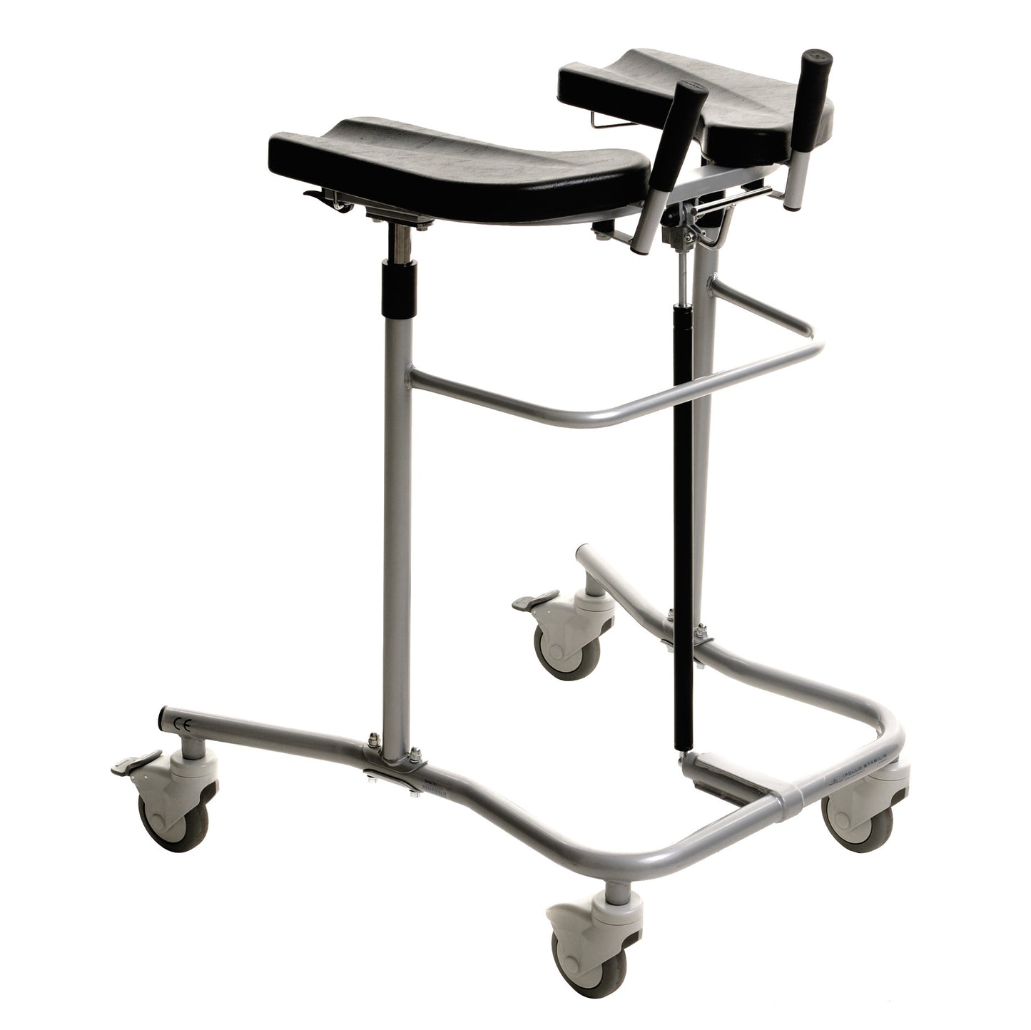 The EVA Pneumatic Cardiac Walker features adjustable armrests, four swivel casters, and a metallic frame for mobility assistance.