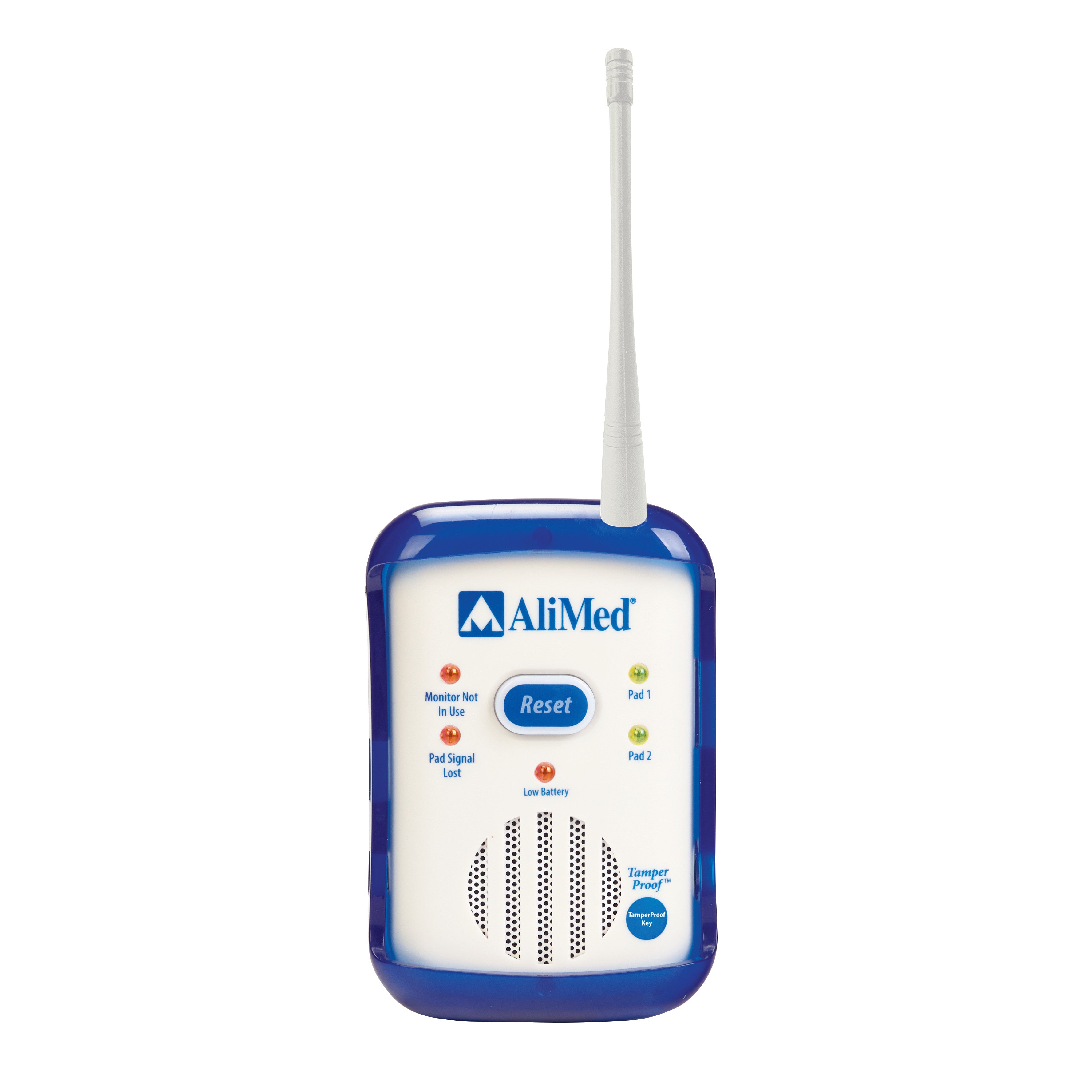 AliMed IQ CordLess Sensor Alarm with a blue casing, multiple indicator lights, a reset button, and a long white antenna.