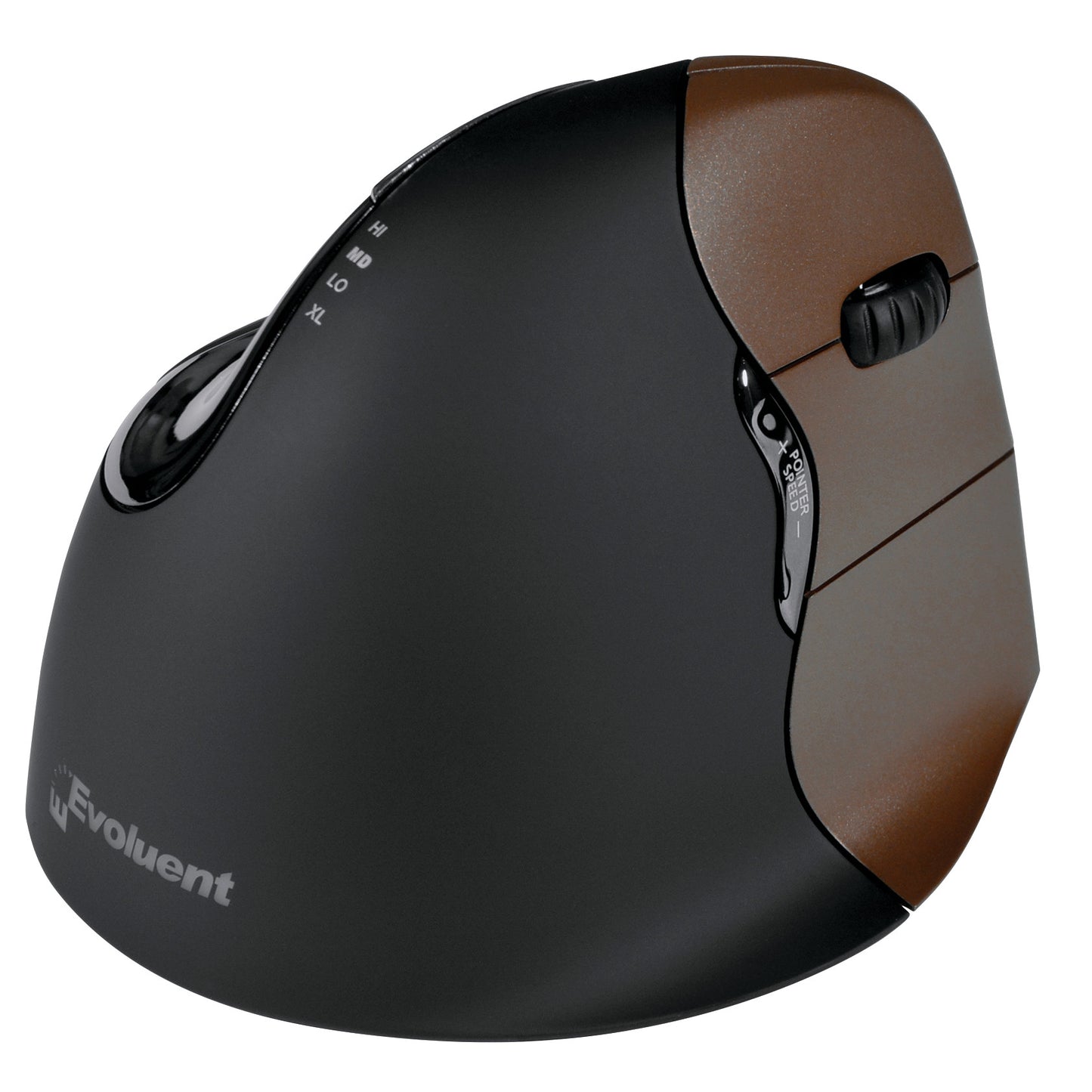 The Evoluent VerticalMouse 4 Ergonomic Mouse features a vertical design with a brown and black finish and side buttons.