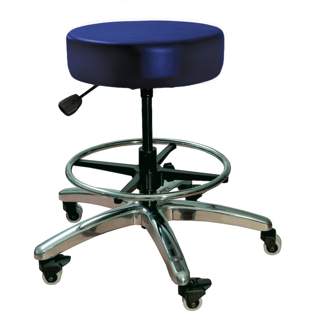 Brandt Industries Heavy-Duty Exam Stool with a blue seat, adjustable lever, foot ring, chrome base, and five caster wheels.