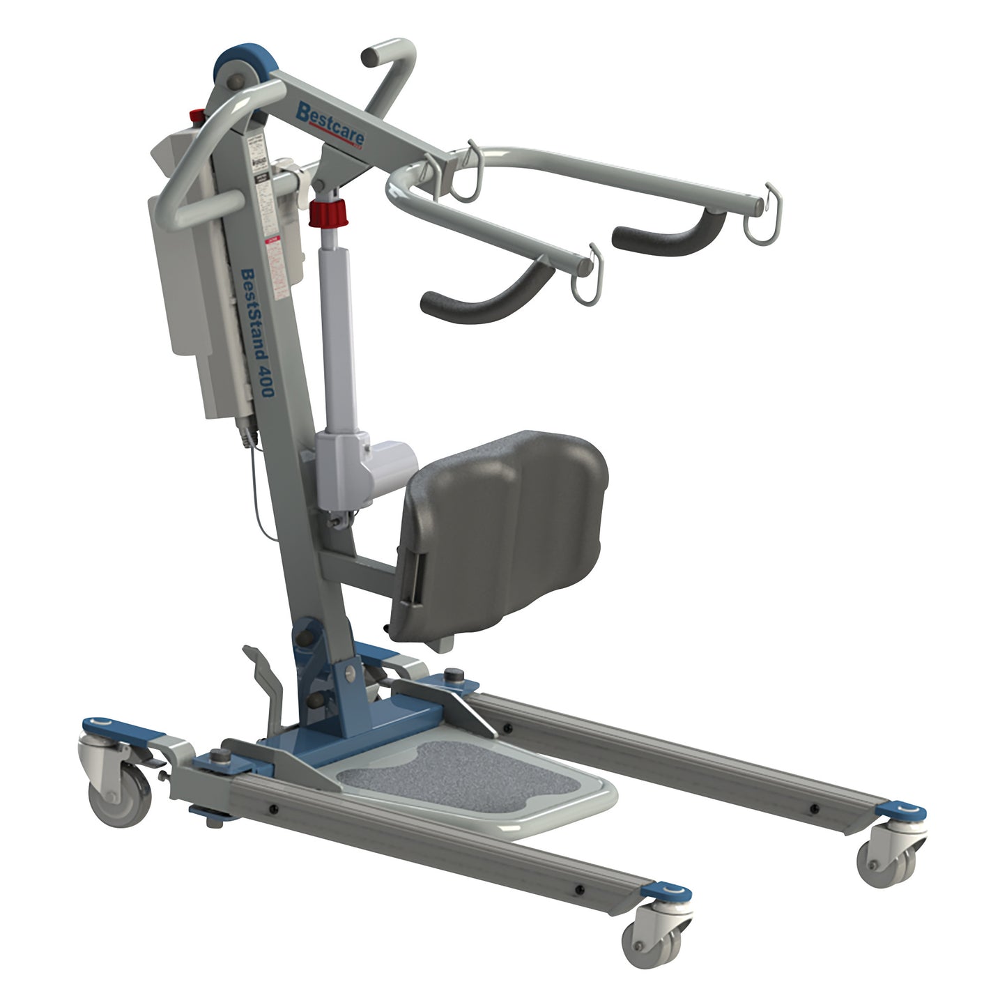 The Bestcare BestStand Sit-to-Stand Electric Patient Lift designed for transferring patients, featuring arm supports and base wheels.