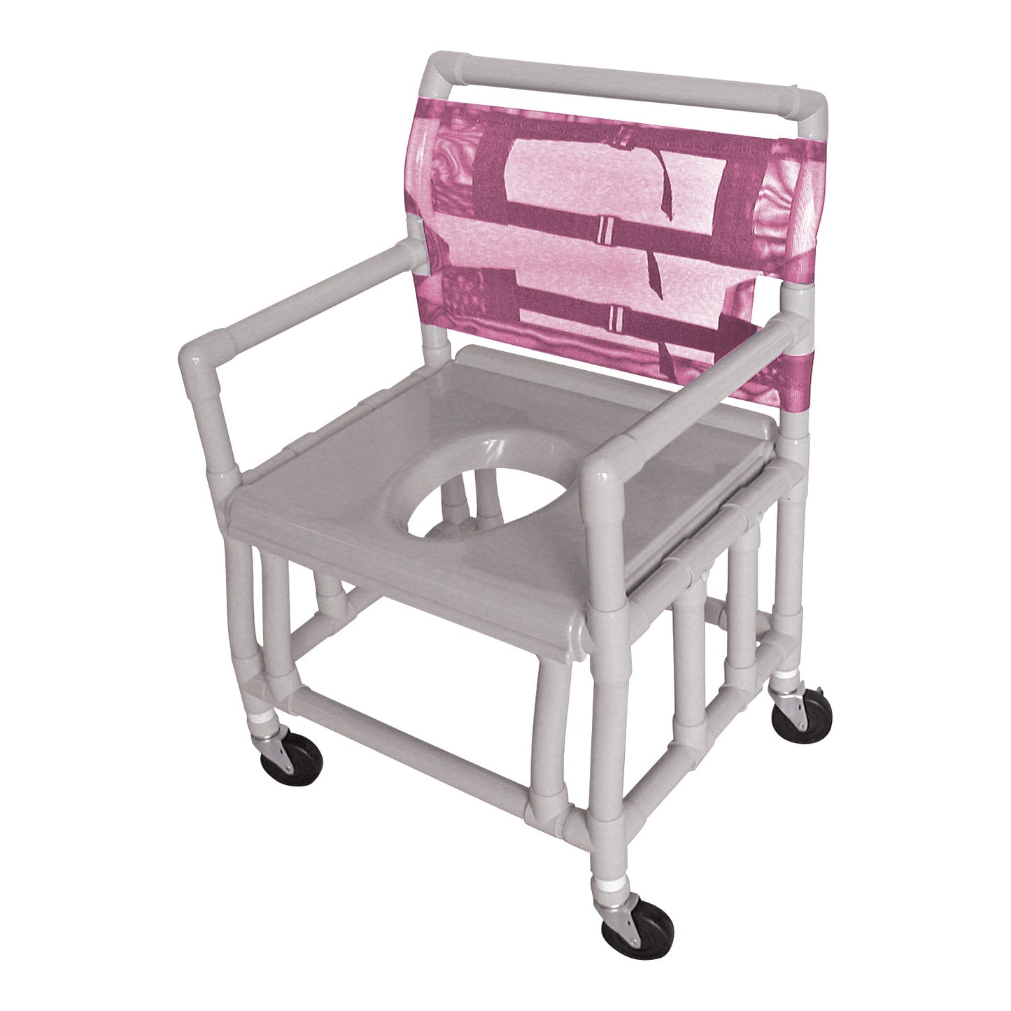 Healthline Bariatric Shower Commode Chair with Vacuum Seat features a PVC frame, pink backrest, open seat, and four caster wheels.