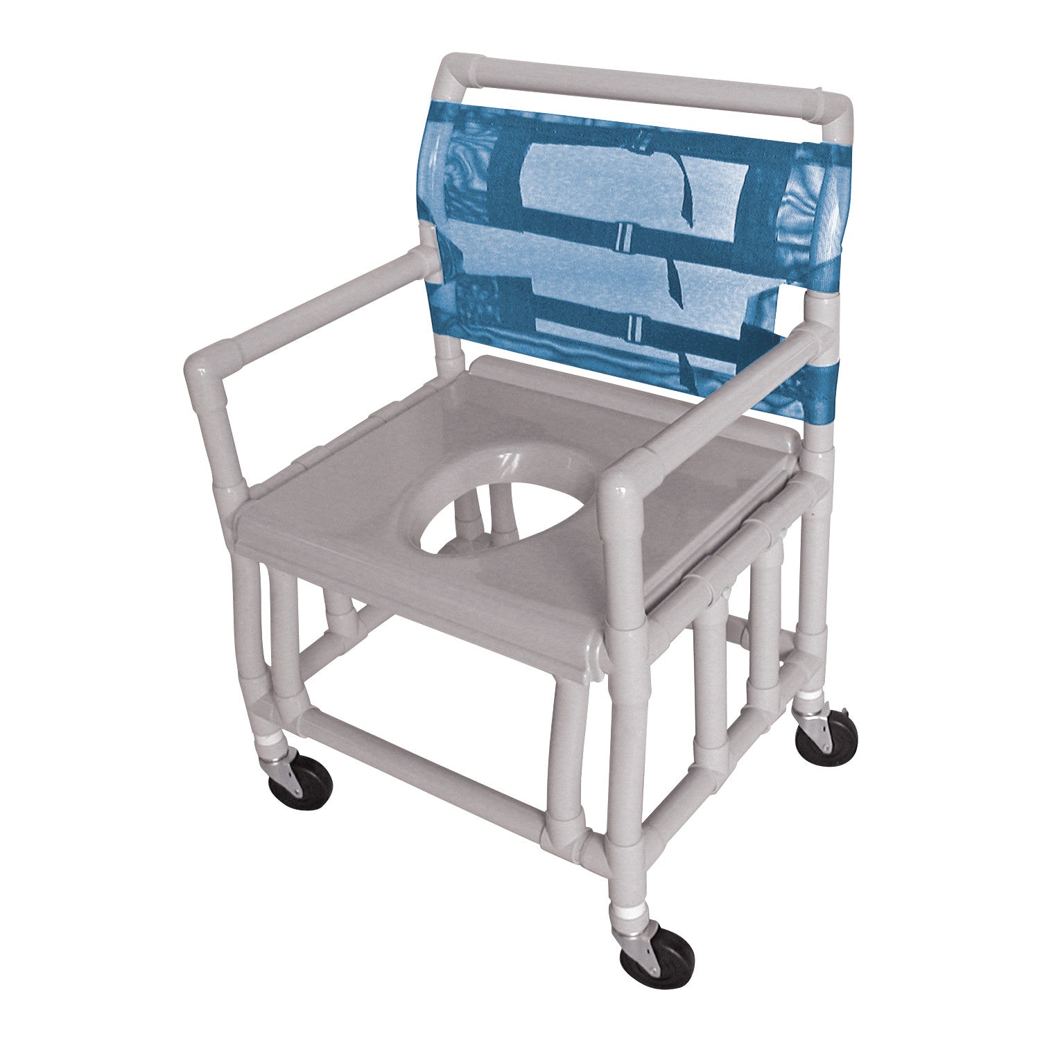 Healthline Bariatric Shower Commode Chair with Vacuum Seat features a PVC frame, blue backrest, and four caster wheels.
