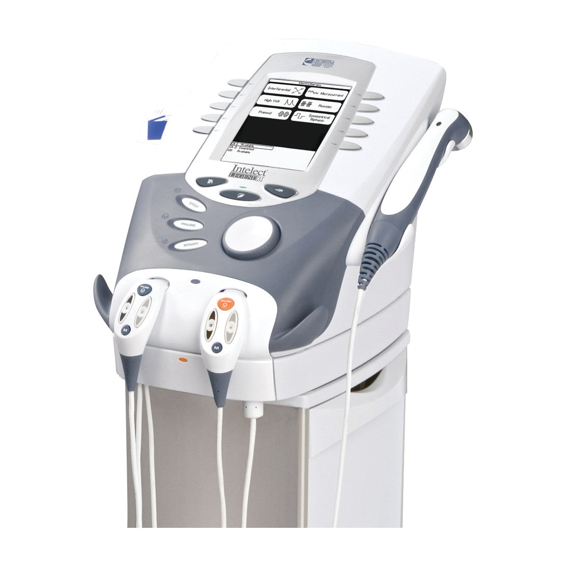 Chattanooga Intelect Legend XT Electrotherapy System with a digital display, circular control buttons, and connected electrodes.