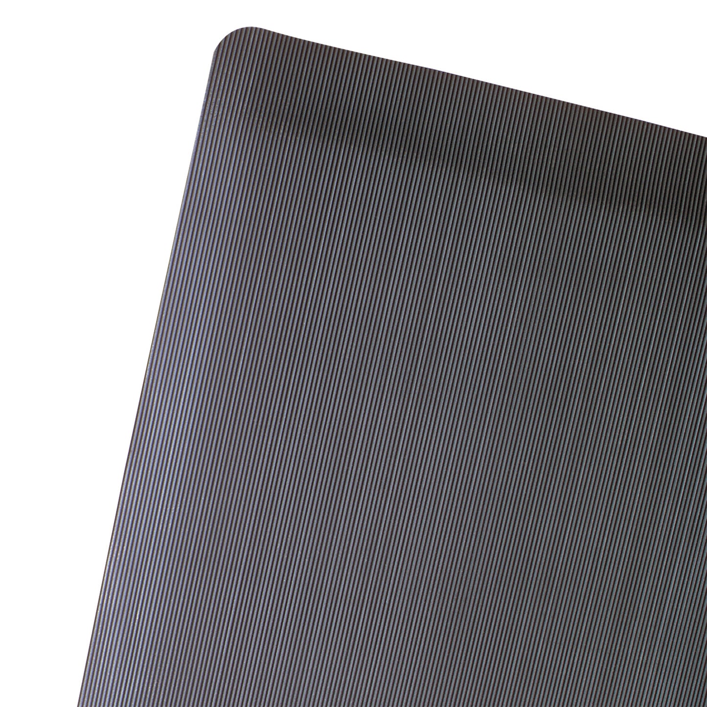 The ErgoMat Anti-Fatigue Mat features a slightly curved corner and a fine diagonal pinstripe pattern on a dark gray surface.