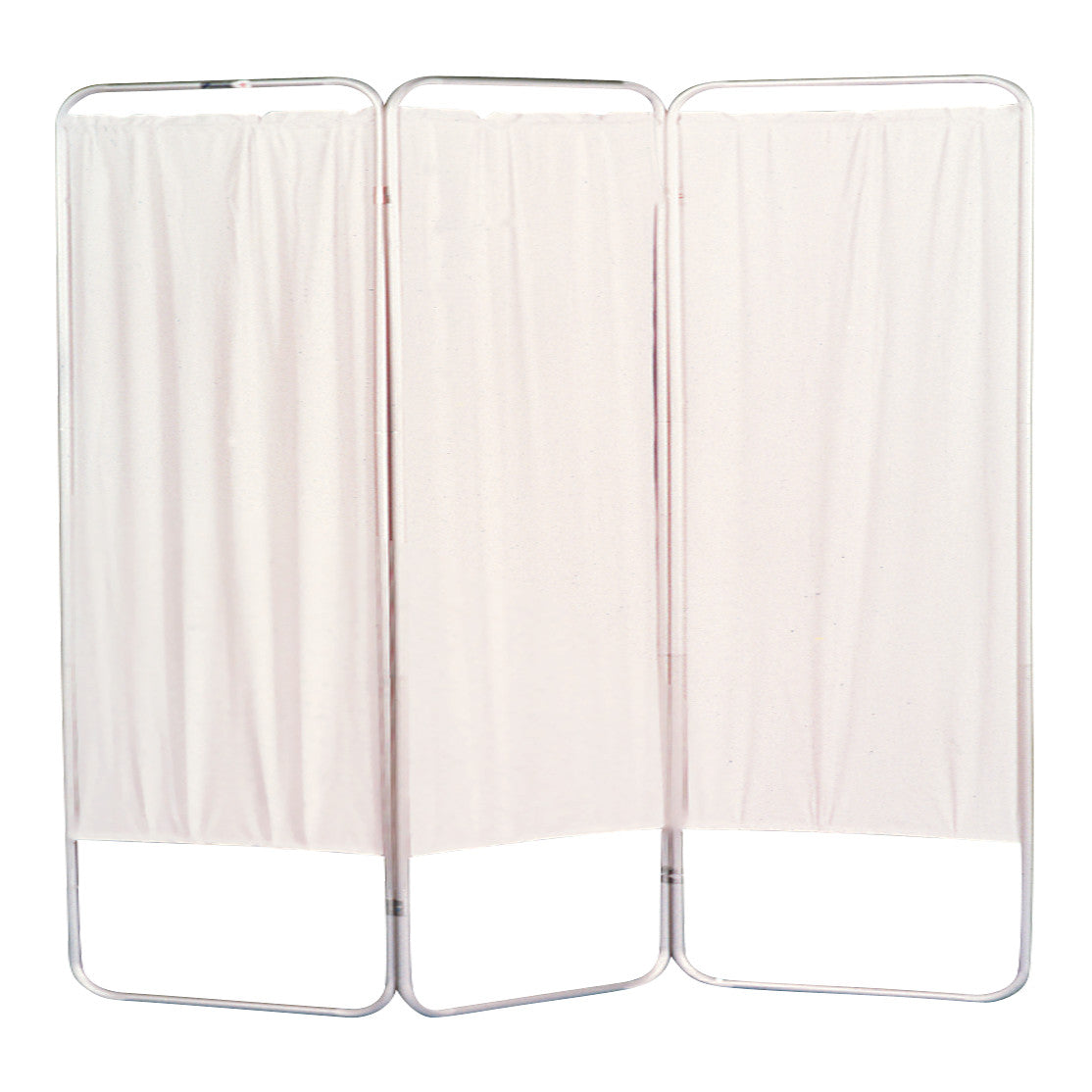 Brandt Nonmagnetic Folding Privacy Screen with a three-panel design and light pink fabric on a metal frame.