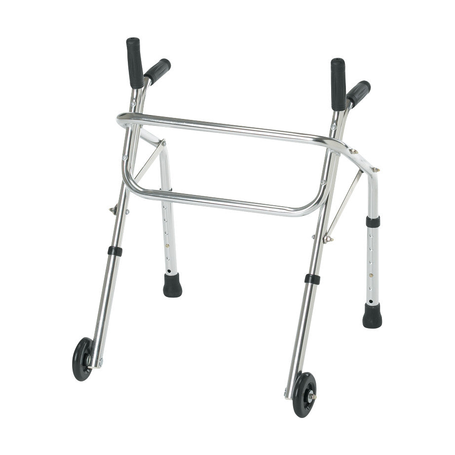 The Guardian Pediatric Walker is a silver walker with two front wheels, adjustable legs, and black handles for children.