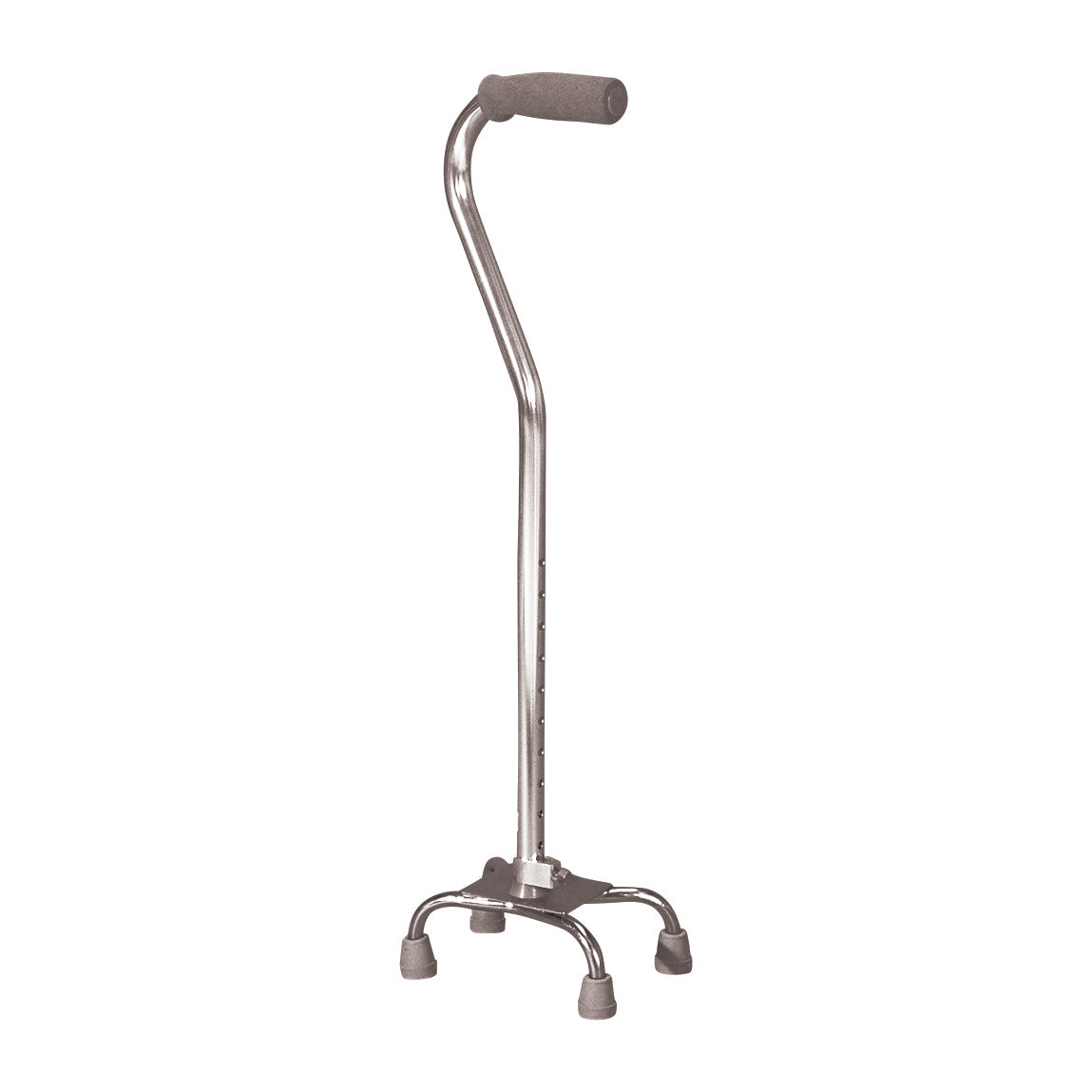 The Lumex Stable Base Quad Cane is a metal cane with an adjustable height and four rubber-tipped legs for stability.