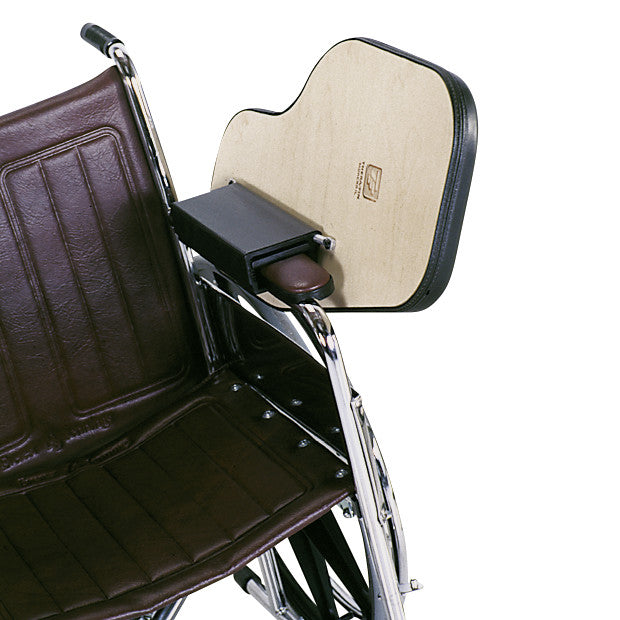 A wheelchair with a brown leather seat features a Therafin Padded Flip-Away Arm Support attached to the right side.