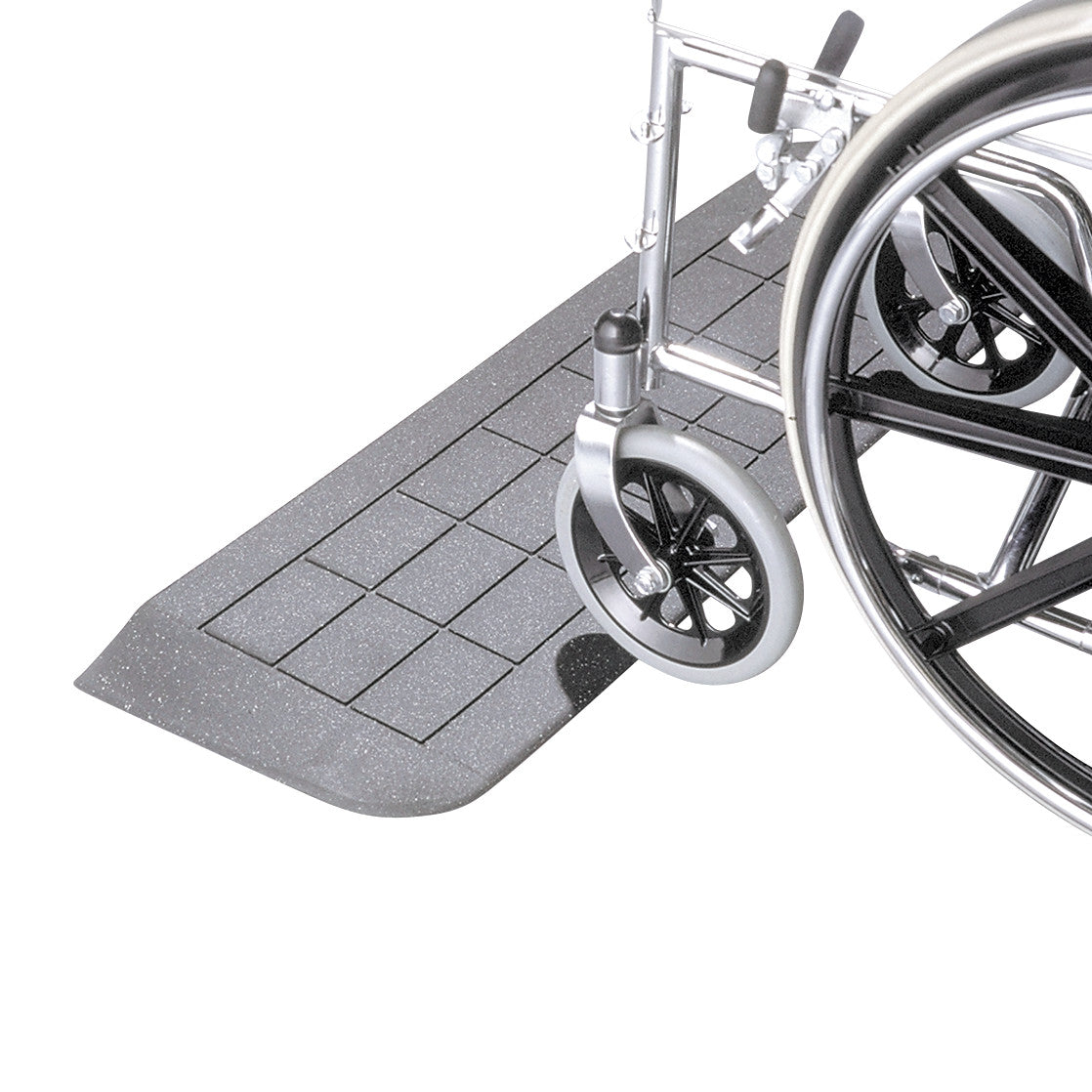 A wheelchair positioned on an EZ Edge Threshold Ramp, designed to provide a smooth transition over a raised surface.