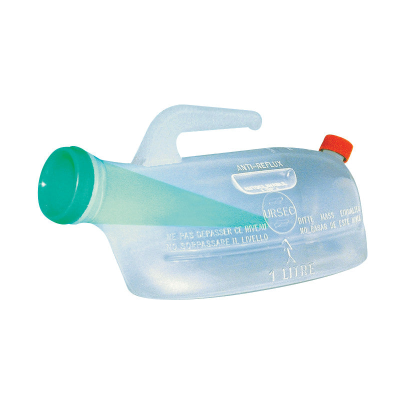 The URSEC Spillproof Urinal is a translucent plastic container with a green spout, a handle, and a red cap, designed to prevent spills.