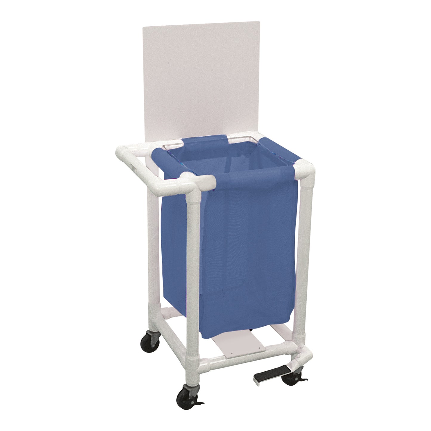 The HealthLine PVC Linen Hamper features a blue bag within a white PVC frame on wheels, with a pedal for easy access.