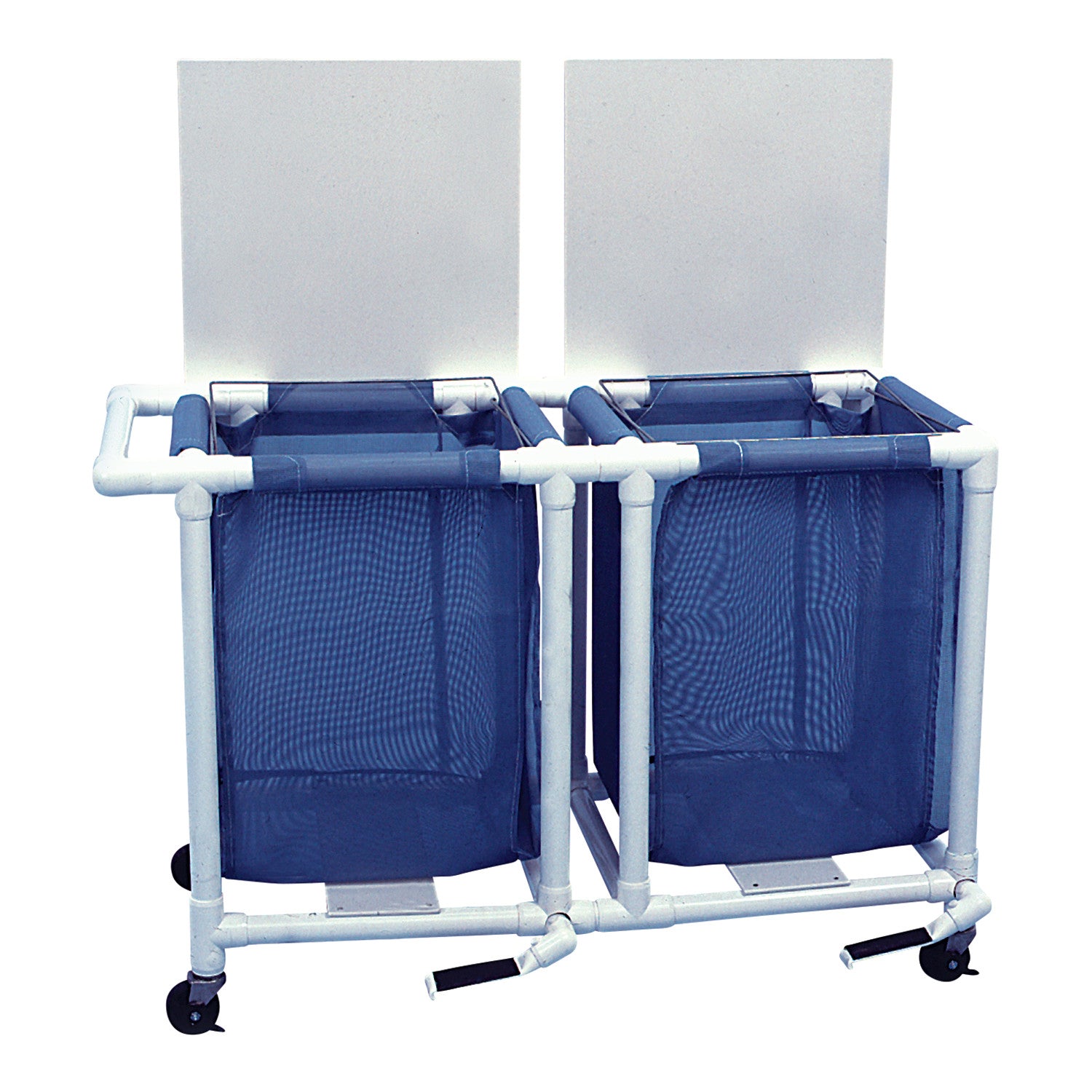 The HealthLine PVC Linen Hamper features two blue mesh bags within a white PVC frame on wheels, each with a lid.