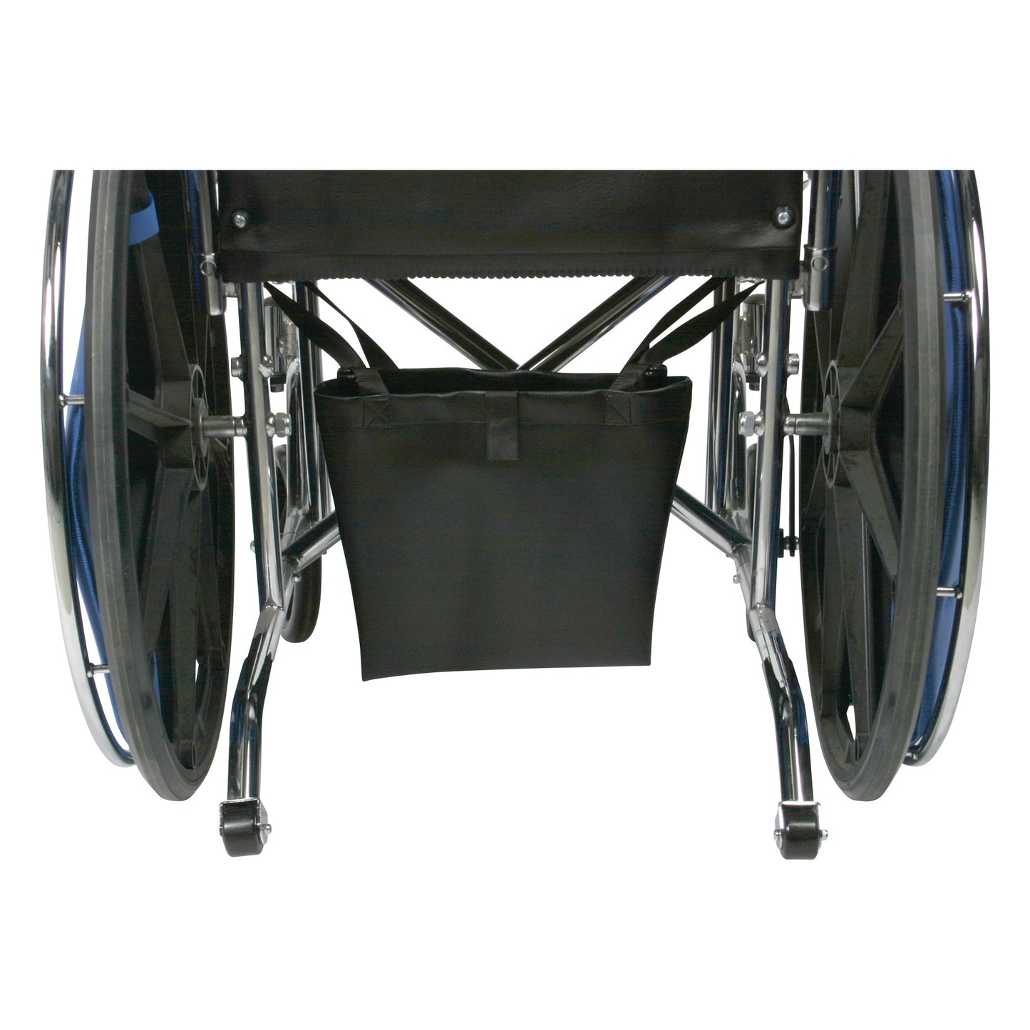 A wheelchair with an AliMed Urinary Drainage Bag Holder attached underneath the seat.