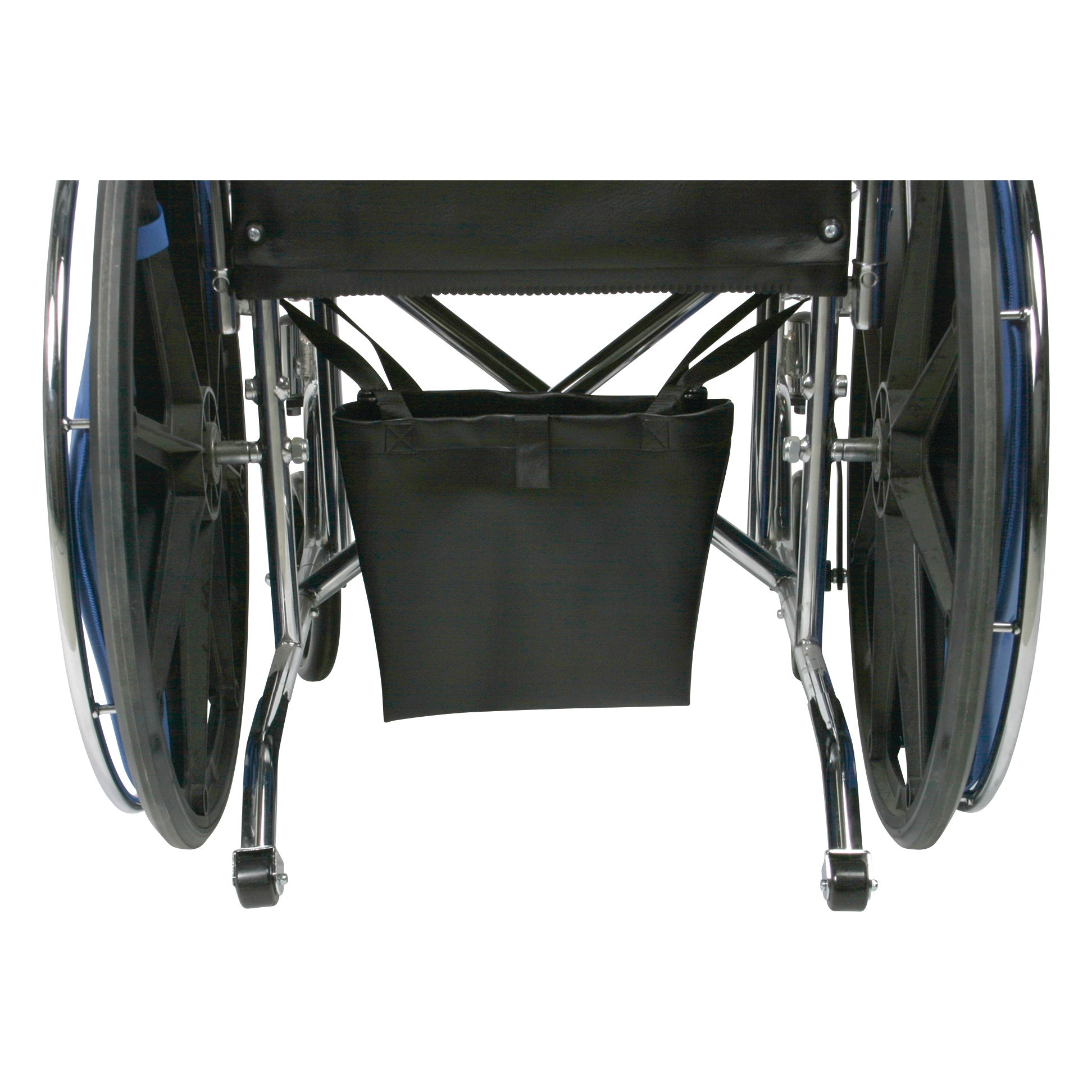 A wheelchair with an AliMed Urinary Drainage Bag Holder attached underneath the seat.