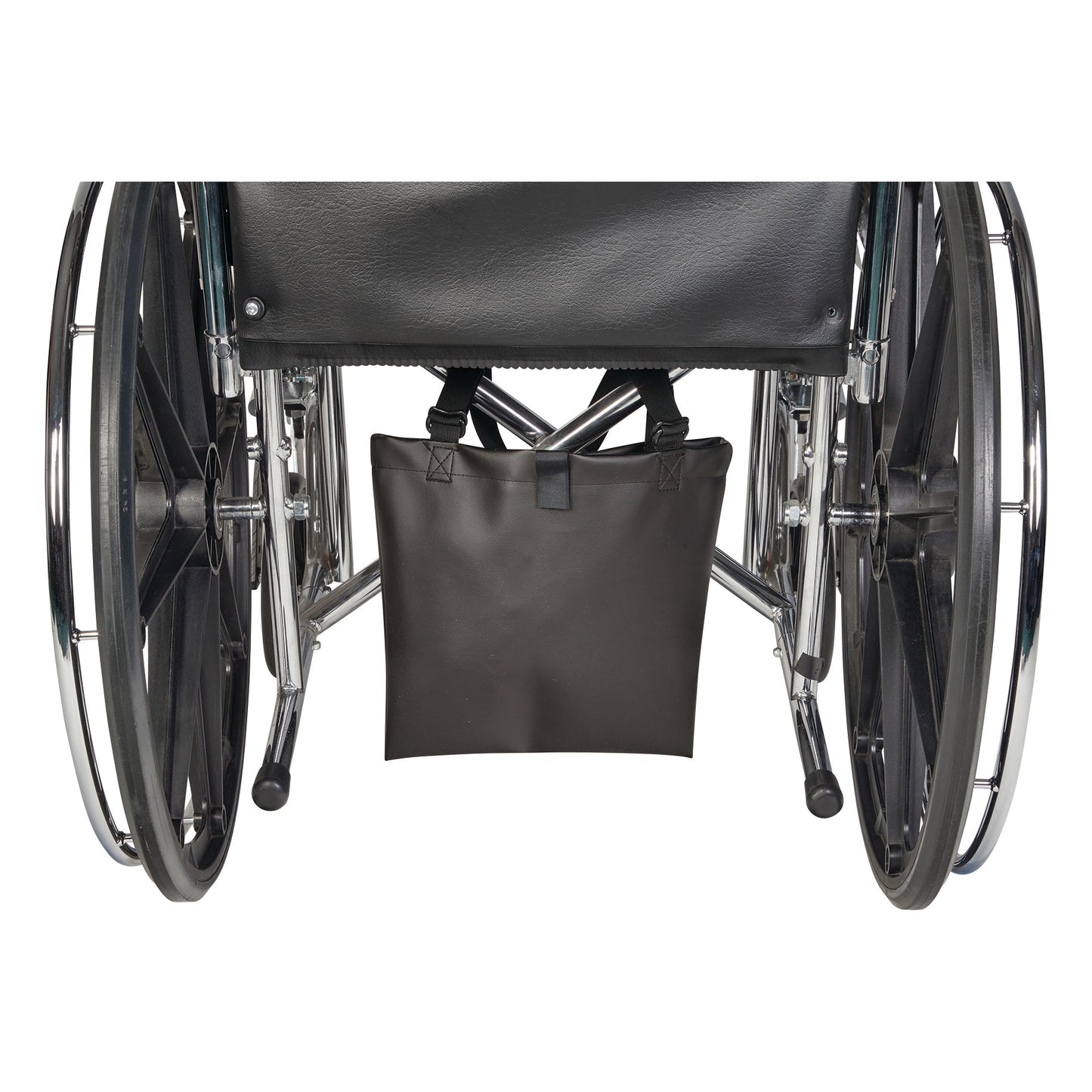 A wheelchair with an AliMed Urinary Drainage Bag Holder attached under the seat using secure straps, positioned between the wheels.