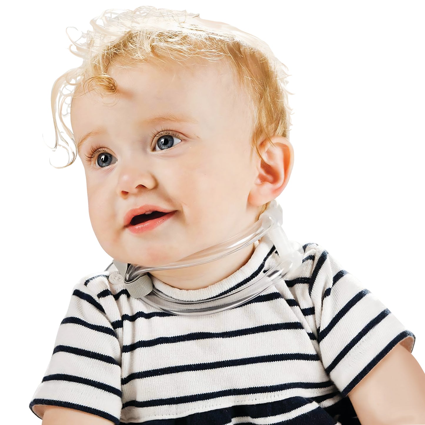 A baby wearing a Torticollis (TOT) Collar over a striped shirt against a white background.