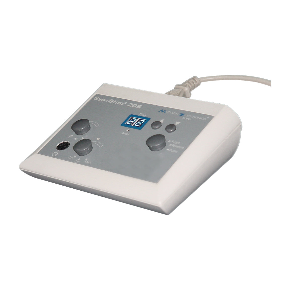 Mettler Sys*Stim 208 Muscle Stimulator with knobs, buttons, and a digital display for settings and control.