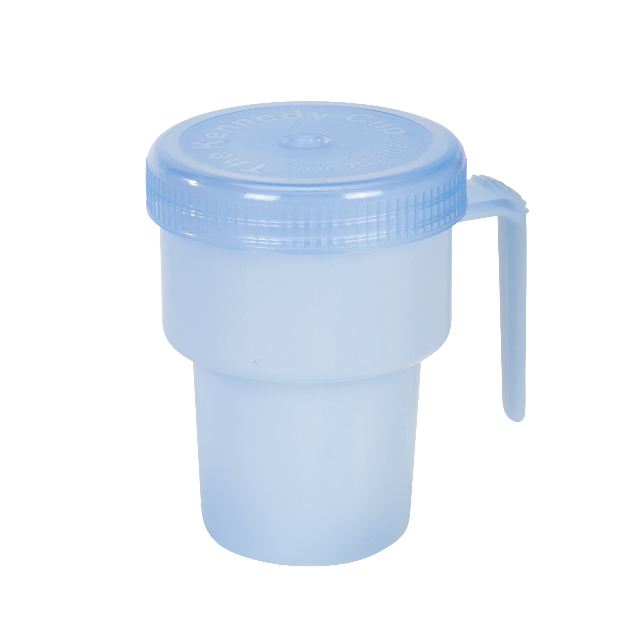 A blue Kennedy Spillproof Cup with a handle and a screw-on lid designed to prevent spills.
