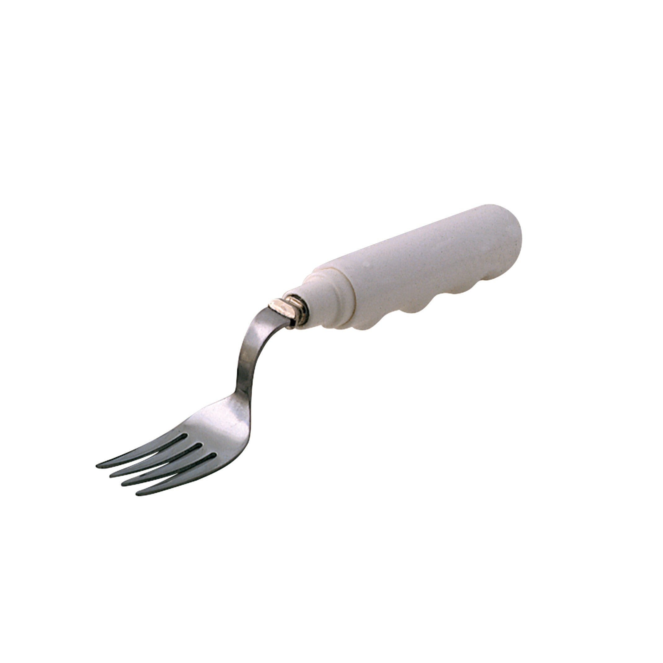 Grip-Tight Swivel Utensils fork with a metal head and a white ergonomic handle designed for easy use by people with limited hand mobility.