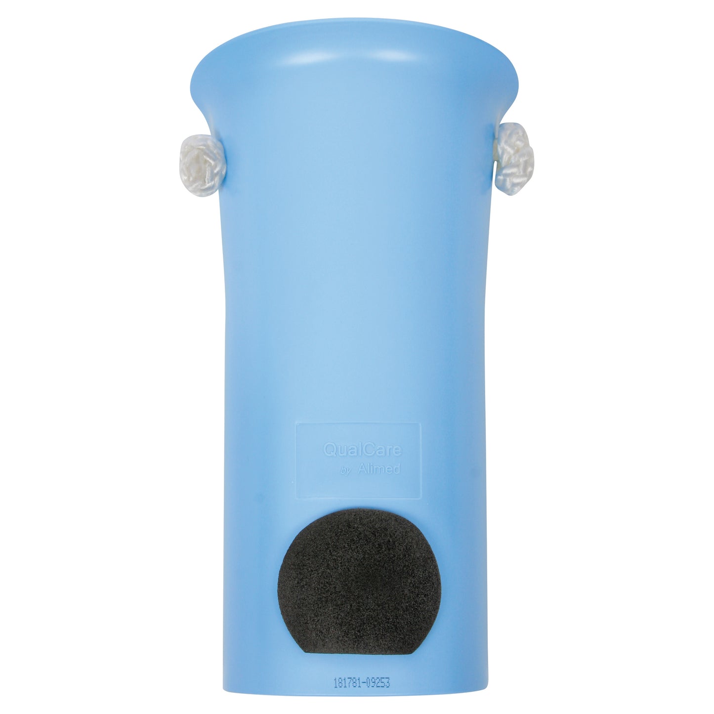 The AliMed Double-Cord Sock Aid with Foam Handles is a blue plastic device with two foam handles and a black pad for assisting patients.