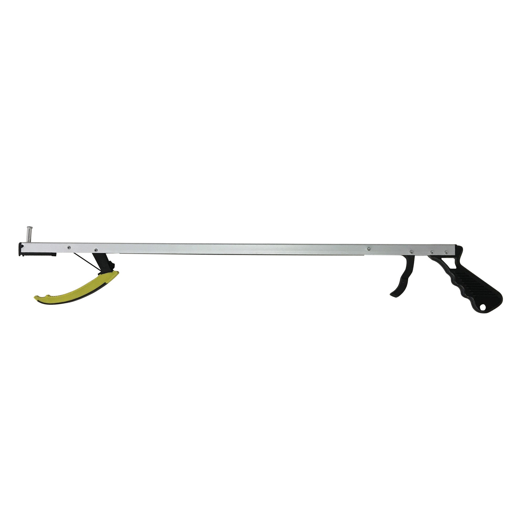 The AliMed Economy Reacher is a long metal tool with a black pistol grip handle and a yellow claw designed for picking up objects.