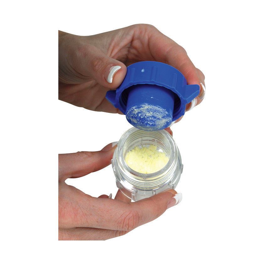 Hands demonstrate the use of a Pill Crusher/Pulverizer, showing crushed powder in a clear container with a blue lid.