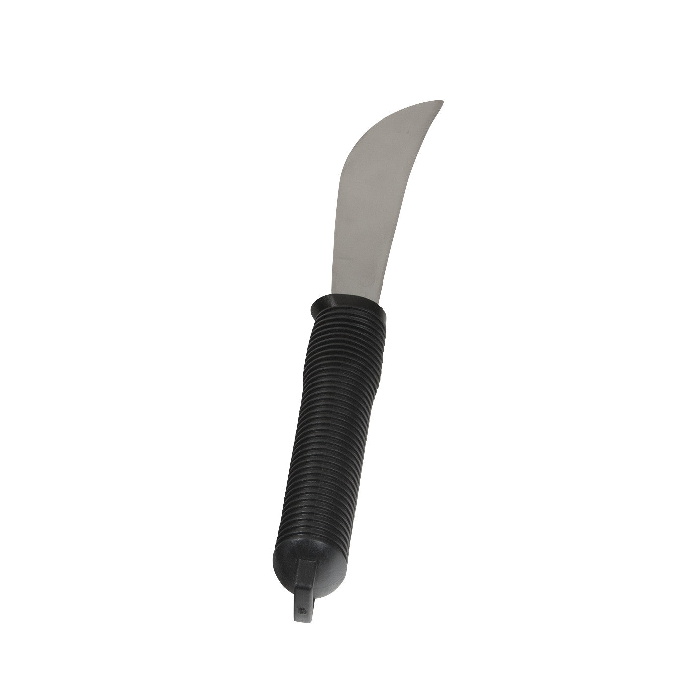 The image displays an AliMed Grip Utensil knife, featuring a curved stainless steel blade and a textured black handle.