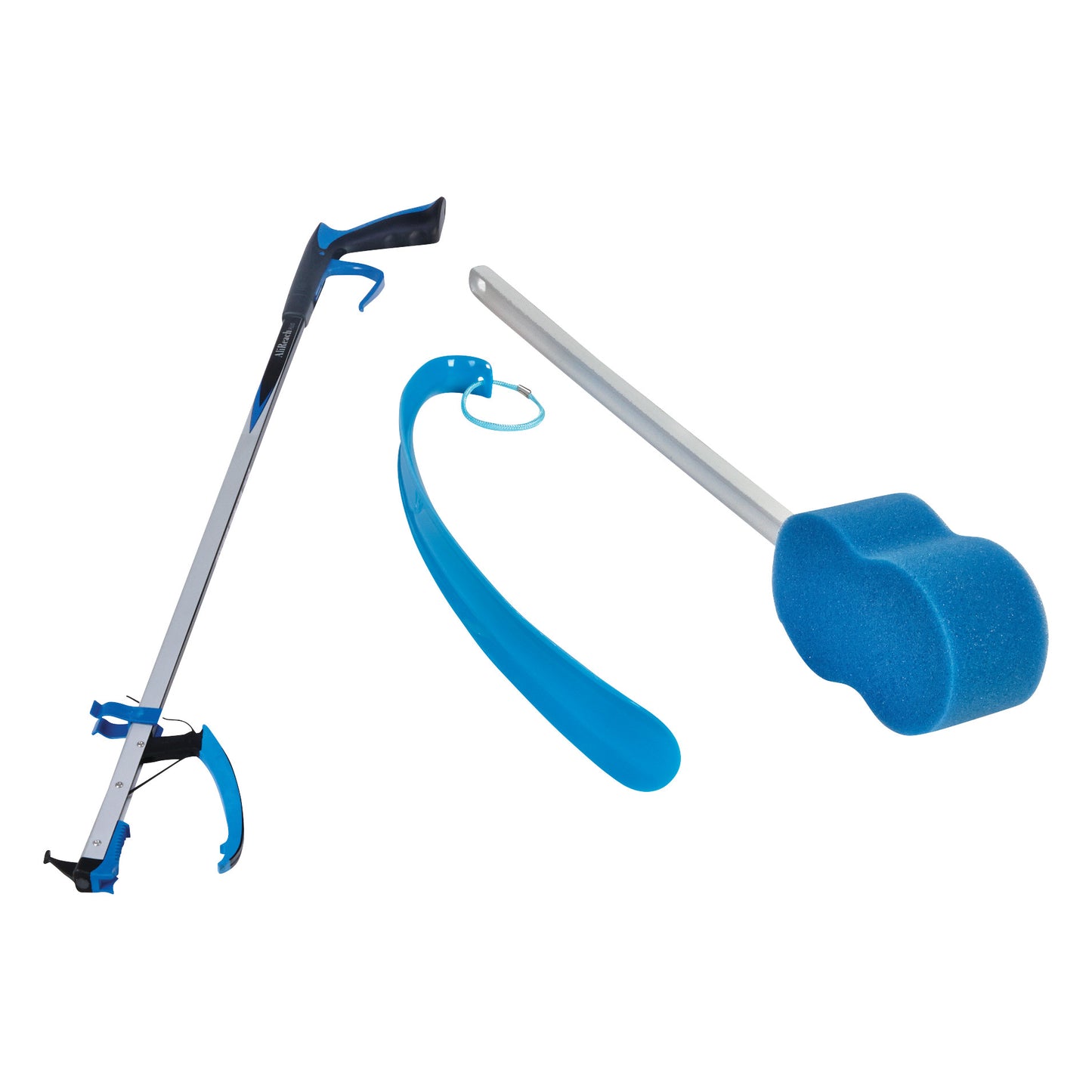 AliMed ADL Kit includes a long-handled reacher, a blue plastic shoehorn, and a sponge on a stick for daily living assistance.